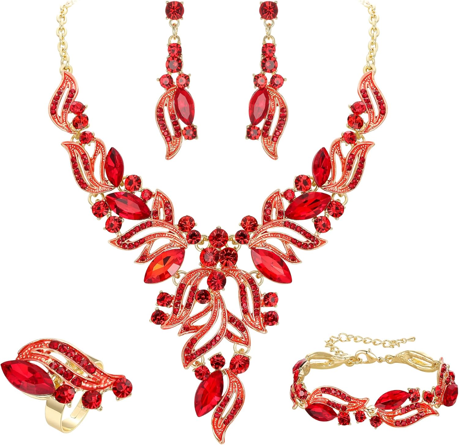 EVER FAITH Bridal Wedding Marquise Crystal Leaf Cluster Statement Y-Shaped Necklace Earrings Bracelet Ring Set for Prom