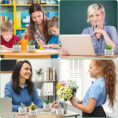 Miniatura 6 de 6 piezas de regalos de agradecimiento para profesores, regalos para el mejor maestro, maceta divertida para suculentas con bandeja de bambú, macetas