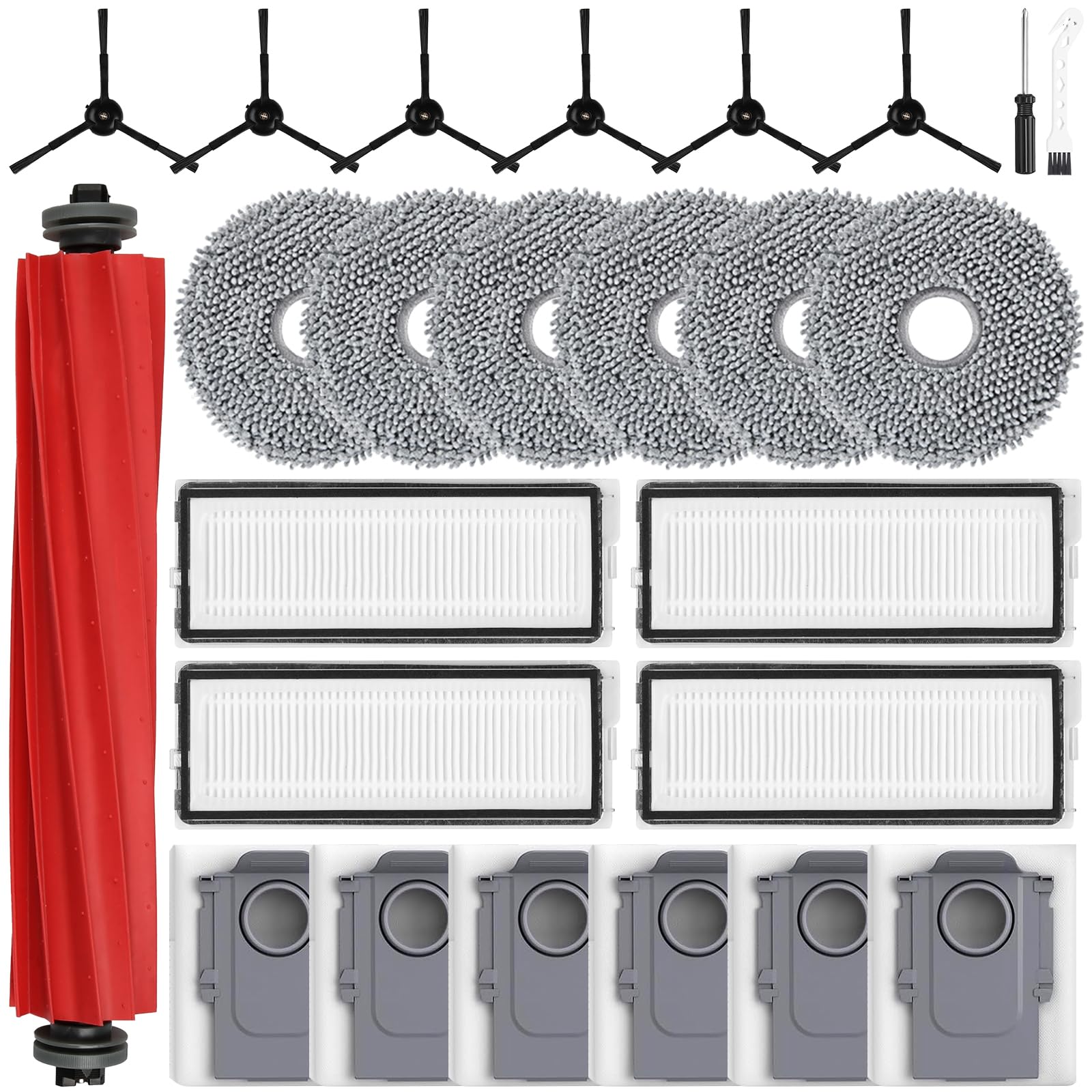 25 Stück Zubehörset für Roborock Qrevo S/Pro Set/Plus | 1 Hauptbürste, 6 Staubbeutel, 4 HEPA-Filter, 6 Wischtücher, 6 Seitenbürsten | Hochwertige Ersatzteile & Präzisionspassform