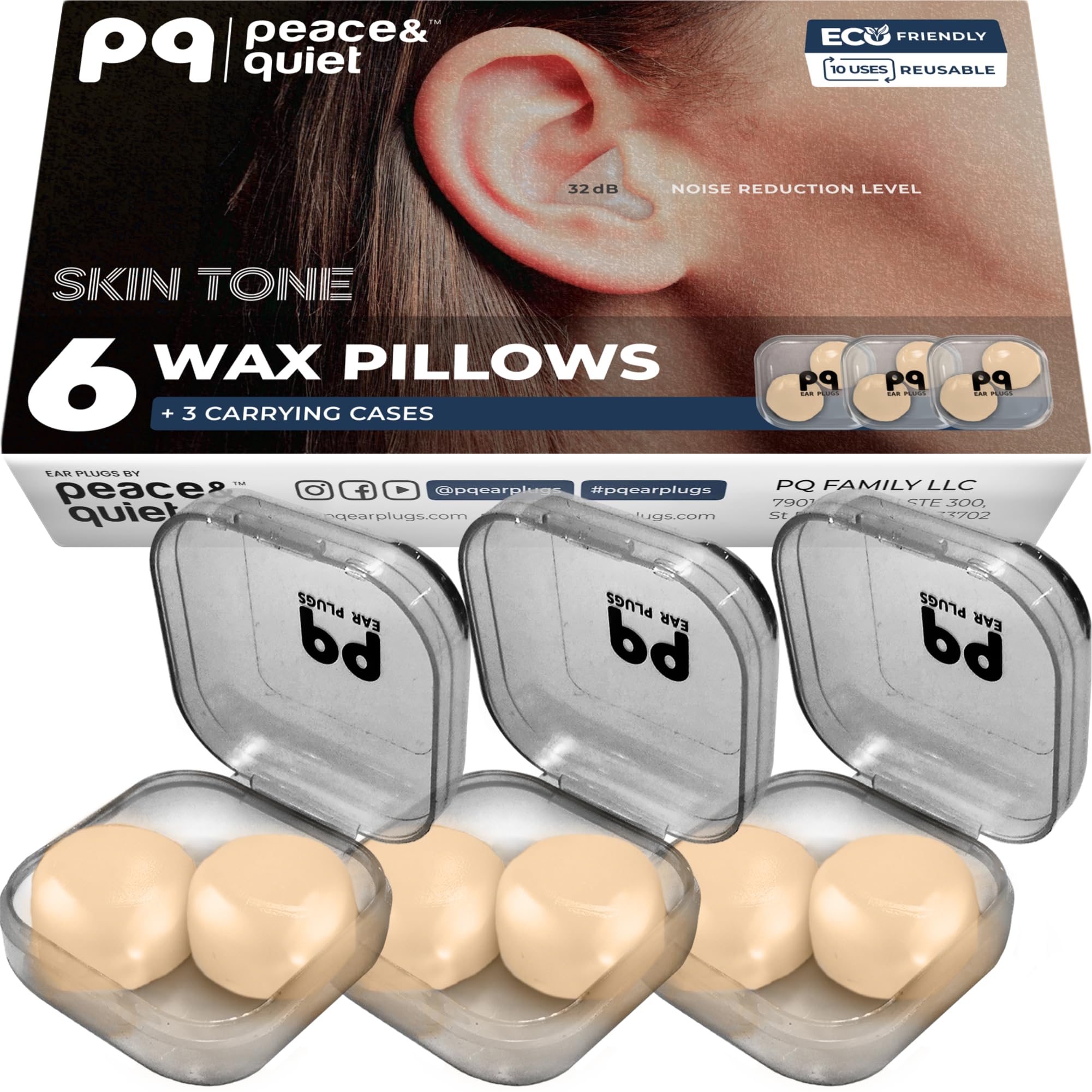 PQ Silicone Ear Plugs for Sleeping - 6 Silicone Earplugs for Sleeping and Swimming - Noise Cancelling and Ear Protection with Gel Earplugs - Sound Insulation Level 32 dB Sleep Earplugs, 6 Pillows
