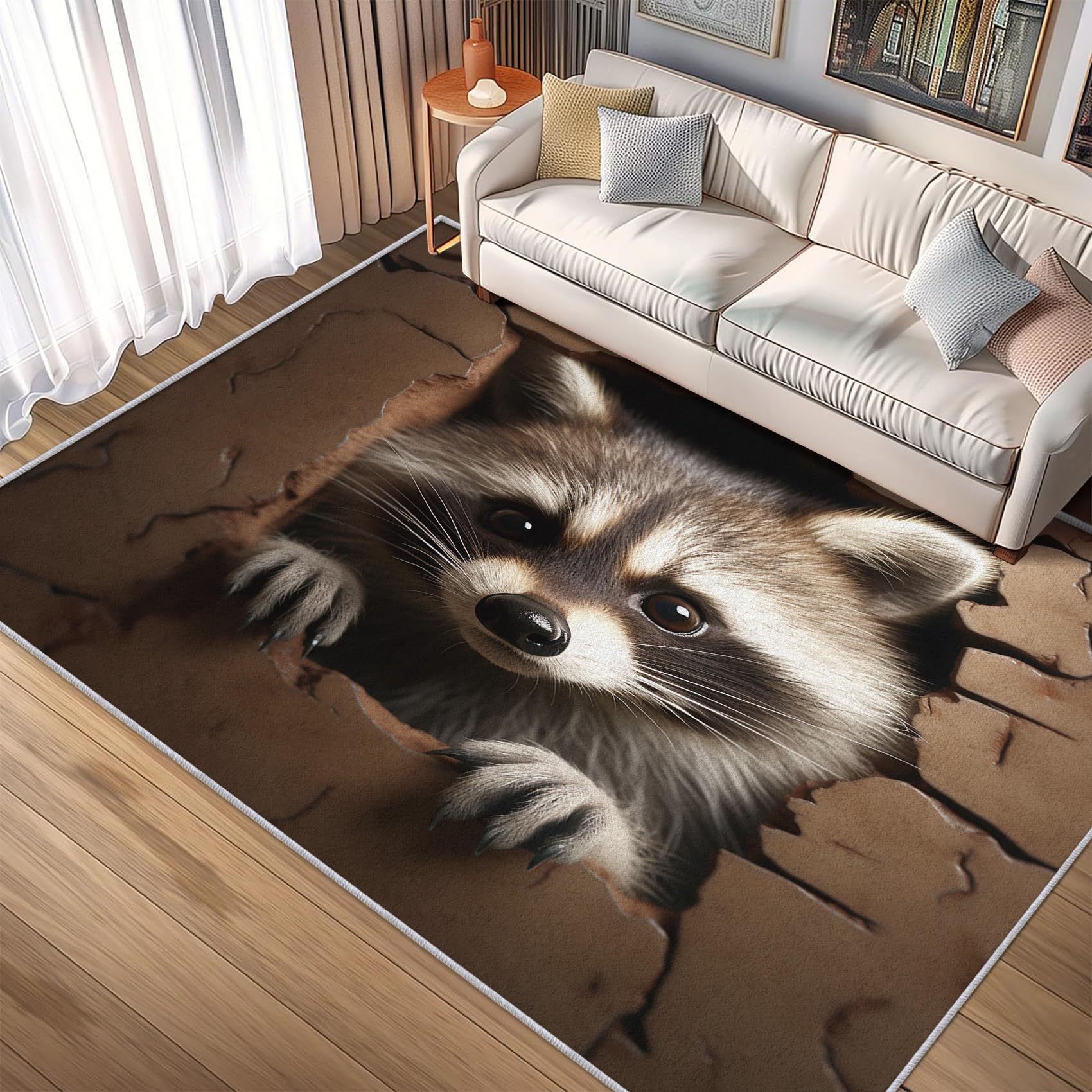 Crizdryn Area Rug 5x8, Raccoon Rug, Cute Animals Carpet, Washable Earth Yellow Rugs for Living Room, Bedroom, Dining Room, Office, Non-Slip,