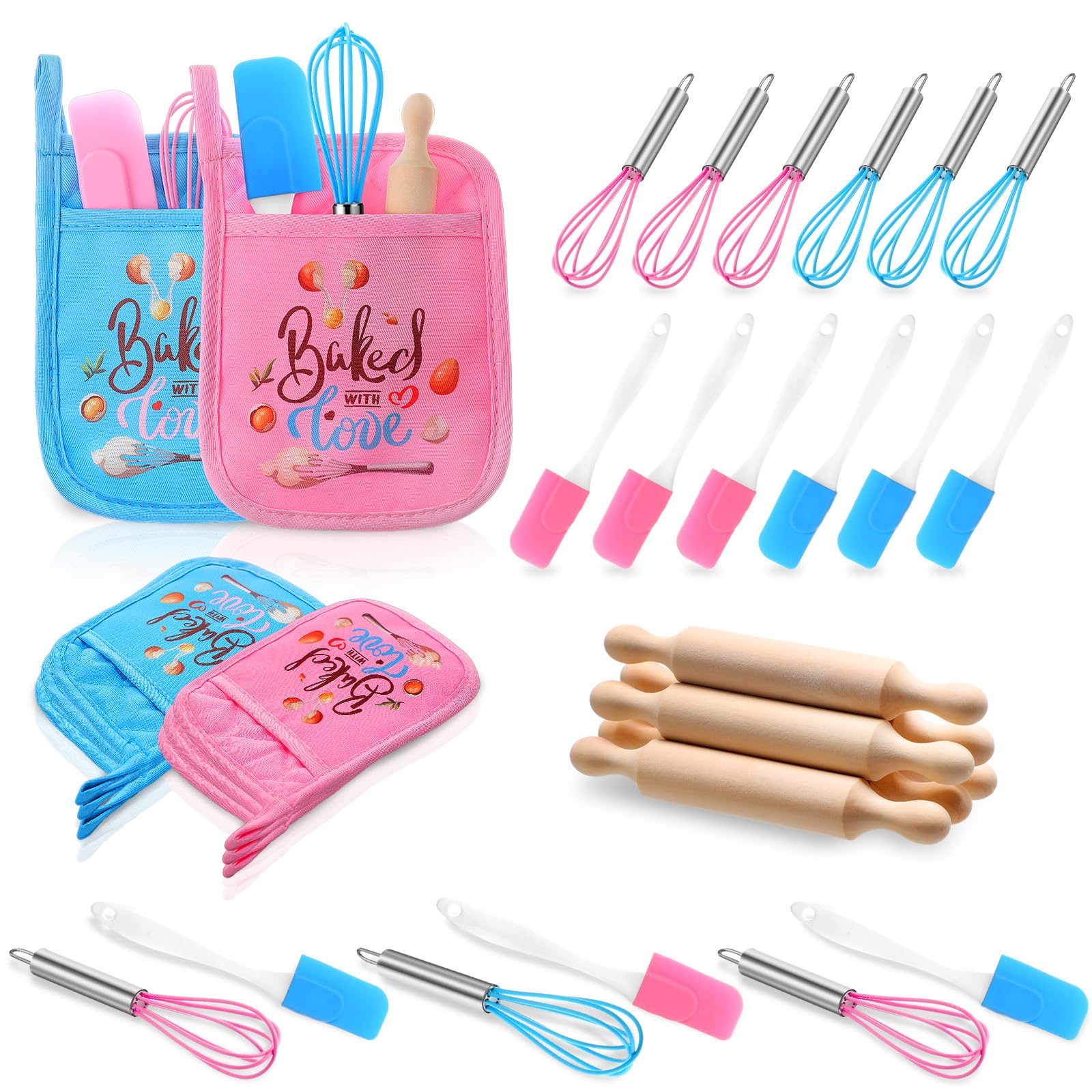 Kids Baking Supplies for Real Cooking Games Prize Party Favors, with Kitchen Utensil, Pot Holders, Spatula, Rolling Pin, Whisk for Kids Gifts, Baking Cooking Party (24, Small)