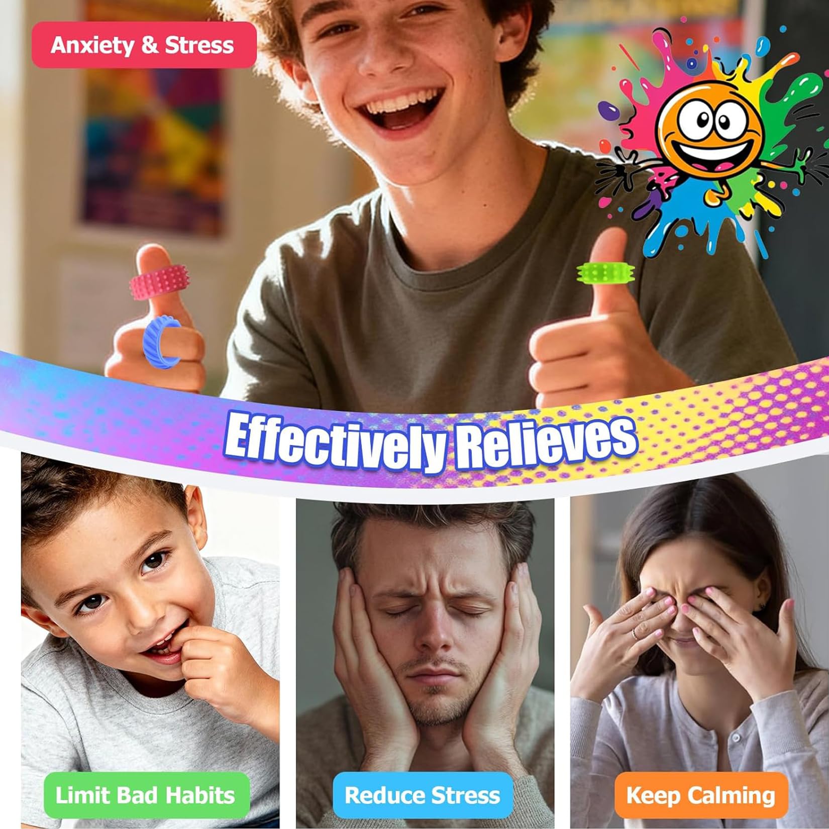 12 sztuk Fidget Ring Toys zabawki antystresowe, sensoryczne, autyzm, redukujące stres, zabawne i uspokajające pierścienie do masażu palców, pierścienie do akupresury