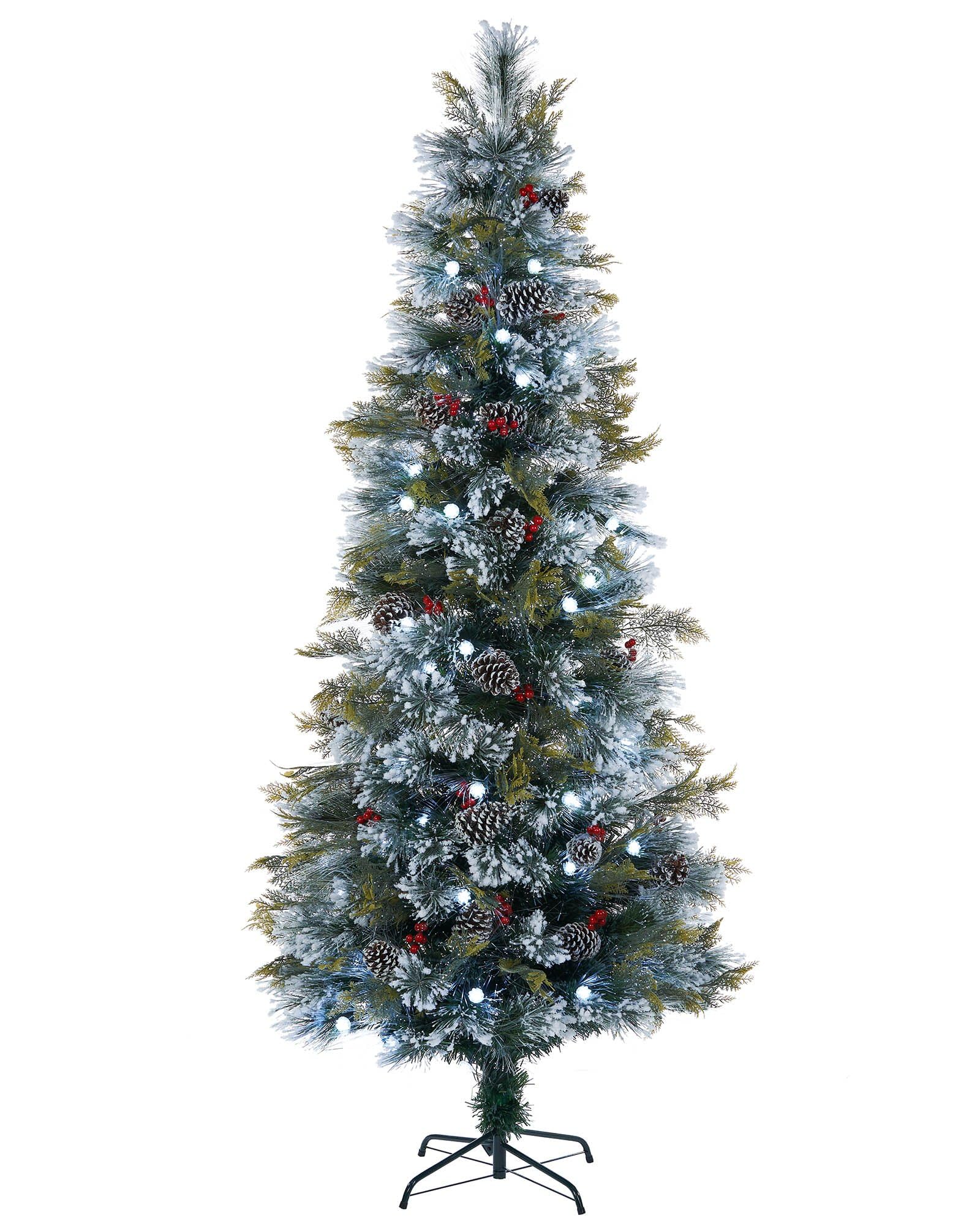Werchristmas White Pre-Lit Flocked Pinecone & Berries Fibre Optic Christmas Tree, Led Lights