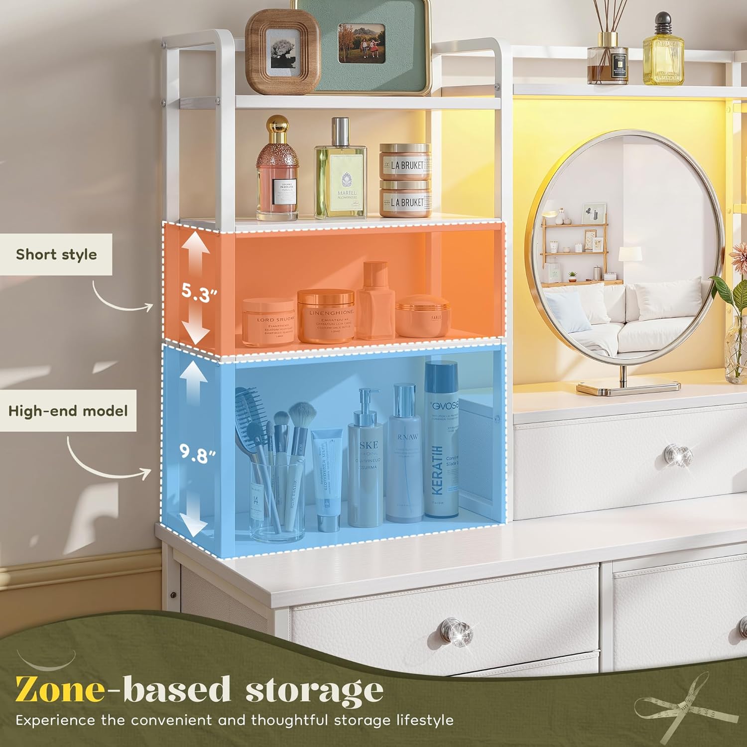 Romorgniz White Dresser for Bedroom with 12 Drawers & LED Lights, Fabric Dressers & Chests of Drawers with Open Shelves, Vanity Dresser Organizer with Metal Frame Wooden Shelf for Entryway Closet