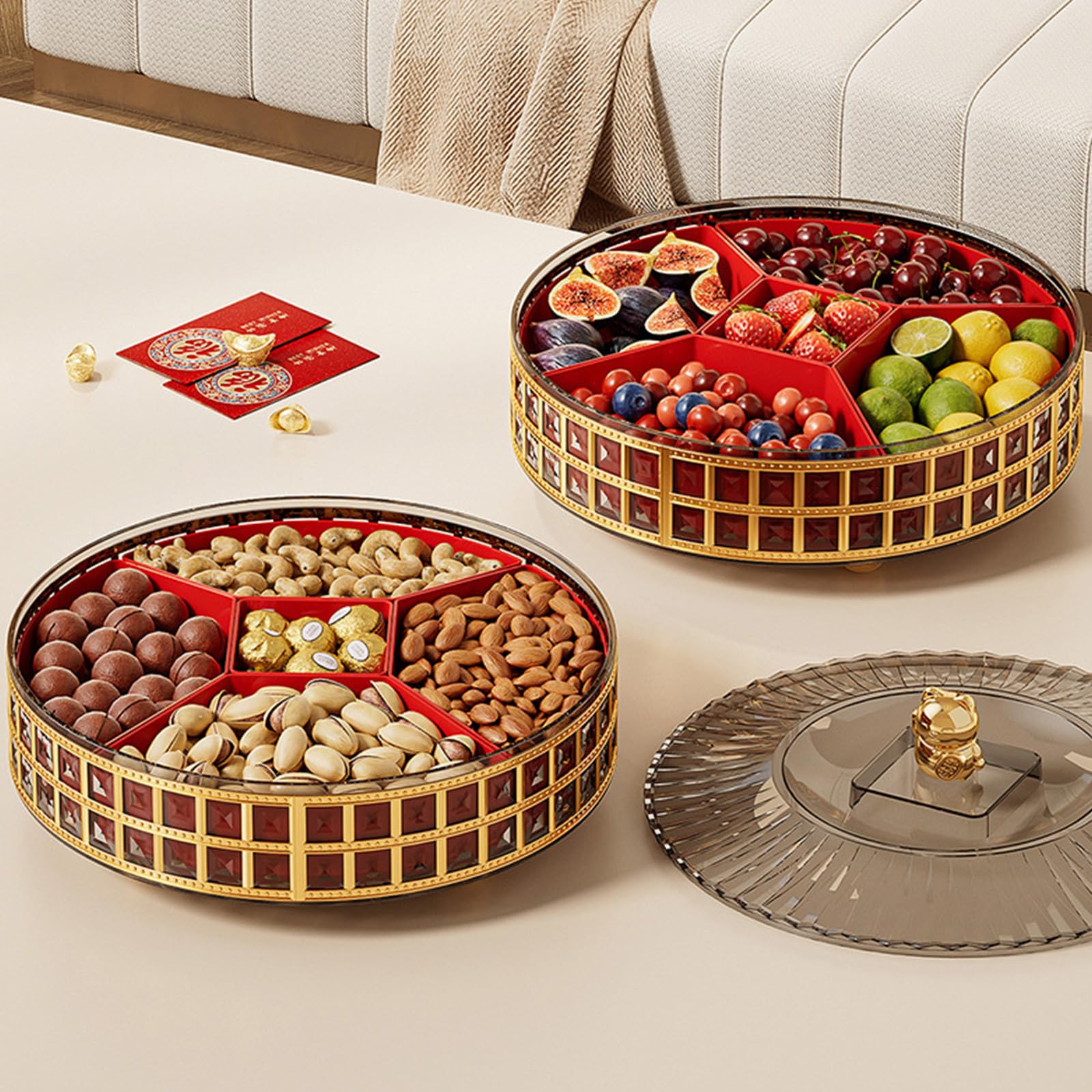 Bandeja giratoria para servir frutas y aperitivos diseñada para un fácil acceso a frutas secas, nueces y dulces durante reuniones familiares