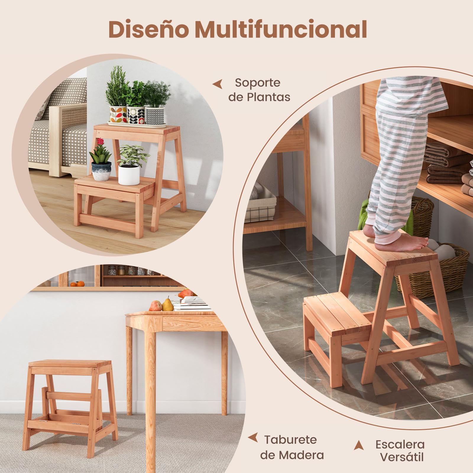 COSTWAY Escalera Plegable, Escalera Multifuncional de 2 Peldaños de Madera, Taburete Escalera Plegable para Niños y Adultos, Soporte para Plantas para Cocina, Dormitorio, Natural