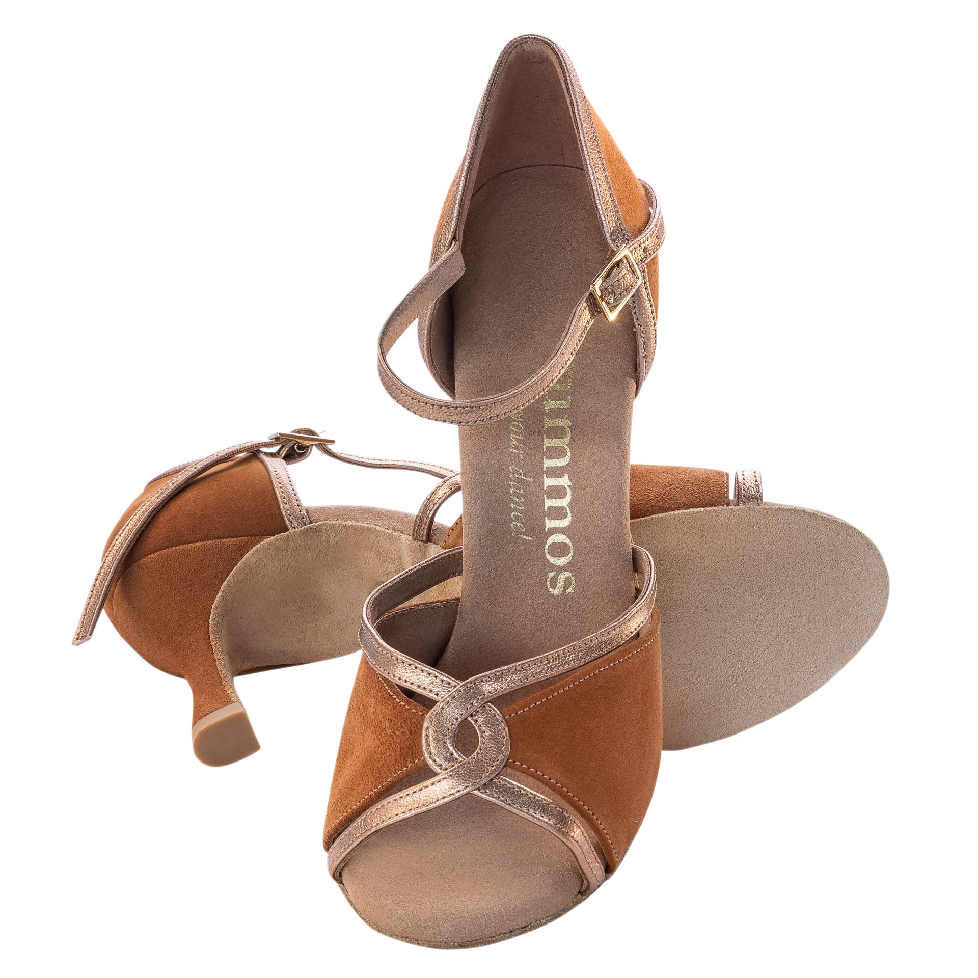 Rummos Damskie buty do tańca R550 026-142 - Nubuk/skóra brązowa/złota - regularna szerokość - 6 cm 60R Flare obcas - Wyprodukowano w Portugalii