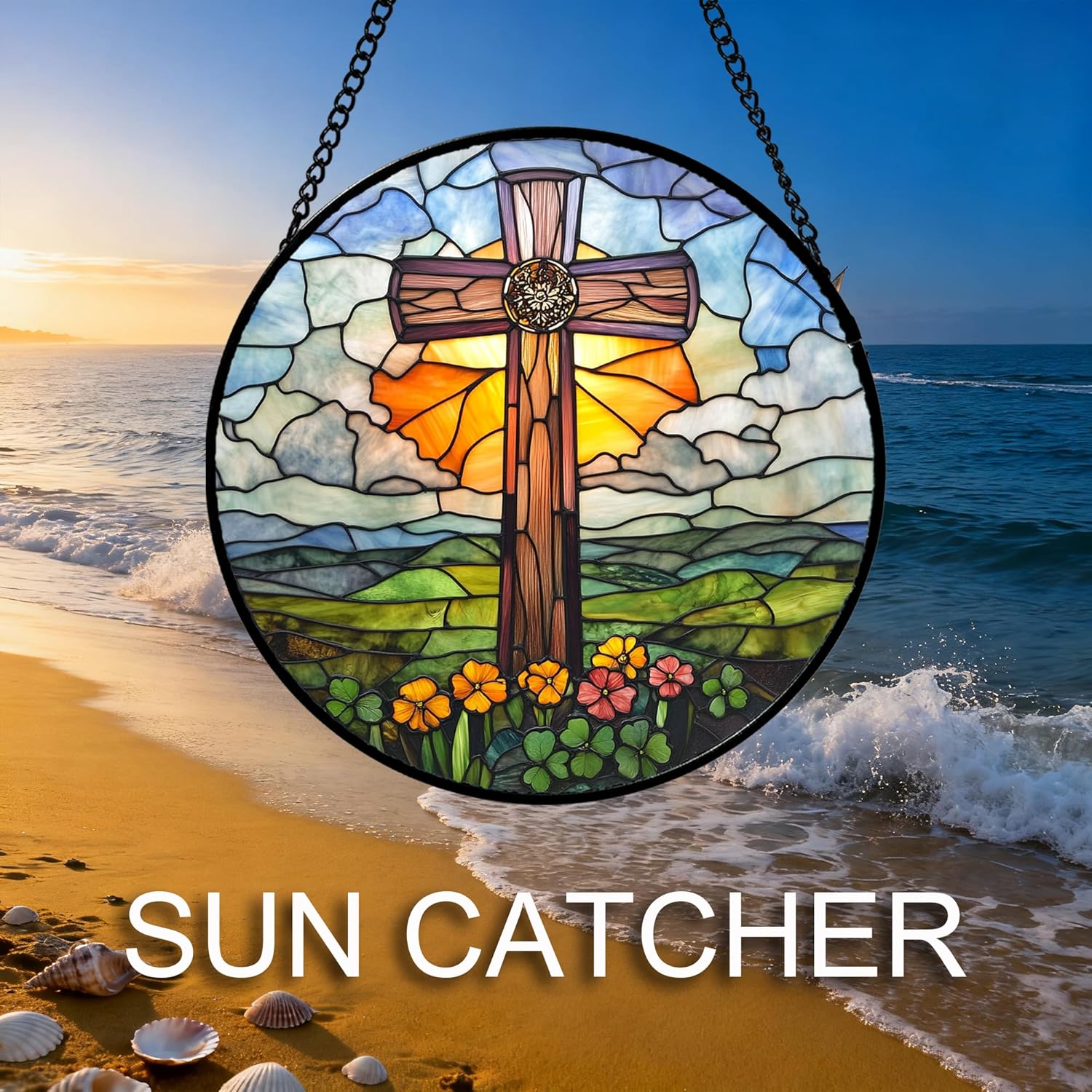 Christian Gifts for Women - Cross Stained Glass Window Hanging Jesus Easter Lucky Clover Sun Catcher Garden Religion Decor St. Patrick's Day Catholic Gift for Grandma Mom Nana Her 15"