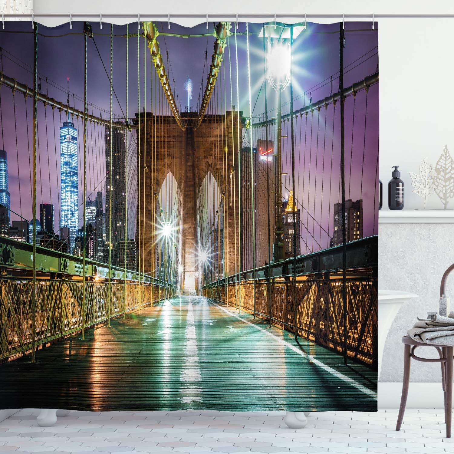 Ambesonne Landscape Shower Curtain, Brooklyn Bridge Pedestrian Walkway Before Sunrise American Landmark Picture, Cloth Fabric Bathroom Decor Set with Hooks, 69" W x 84" L, Purple Brown