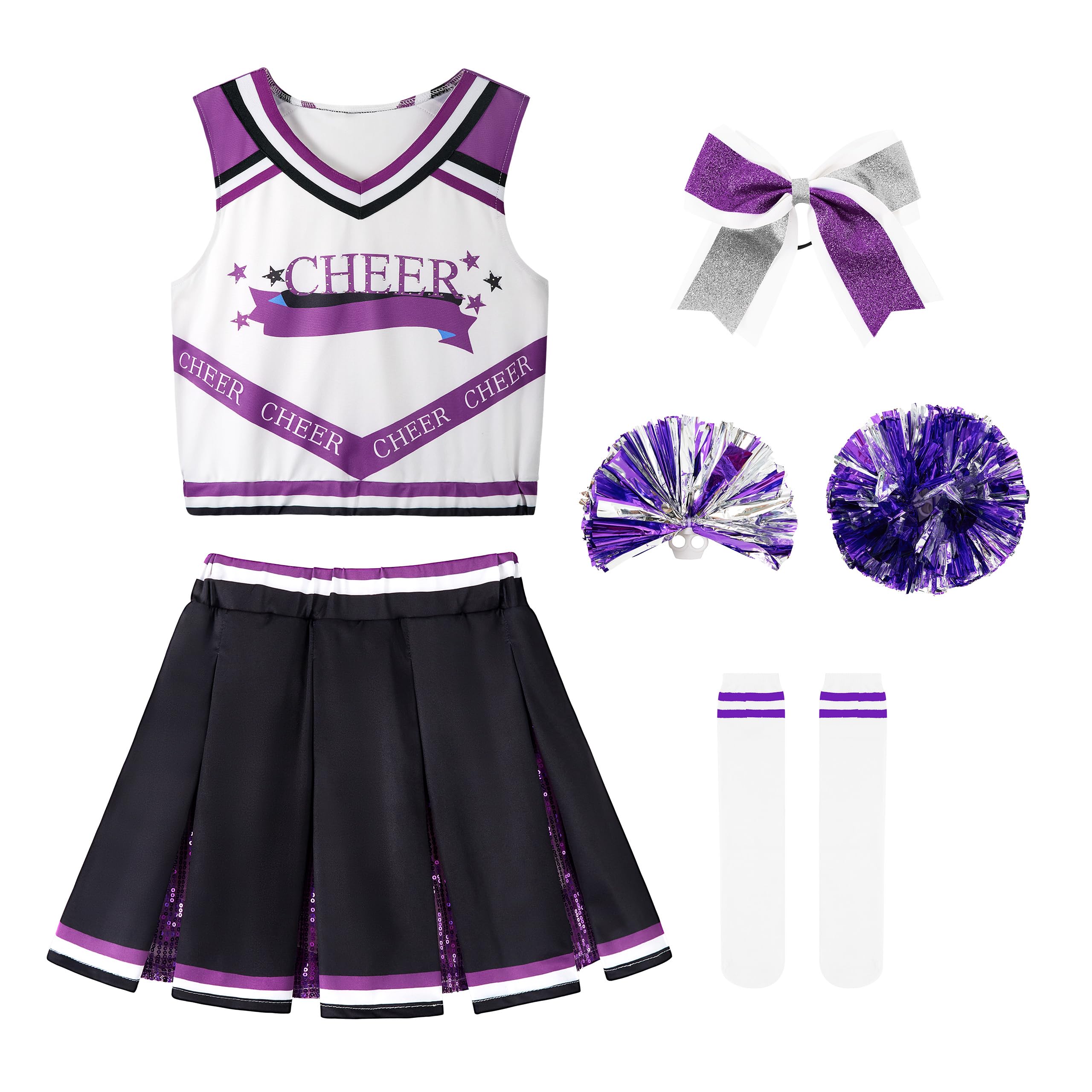LOLANTA Girls Purple Cheerleader Costume Kids Cheerleading Outfit with Pompoms Socks