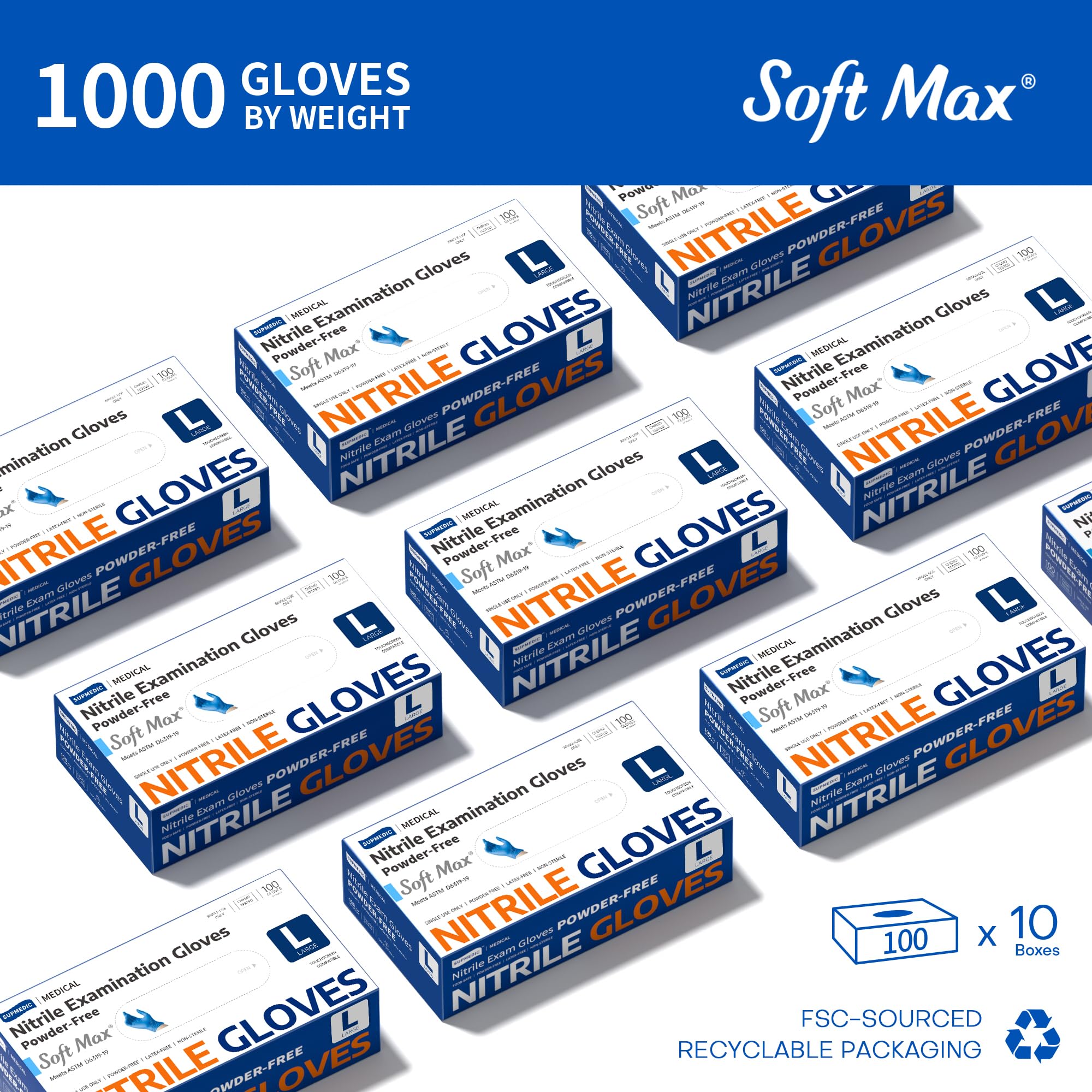 Supmedic SKF Series - Guantes médicos desechables de 4 mil, sin polvo, sin látex, serie SKF, 1000 unidades (azul) (grande)