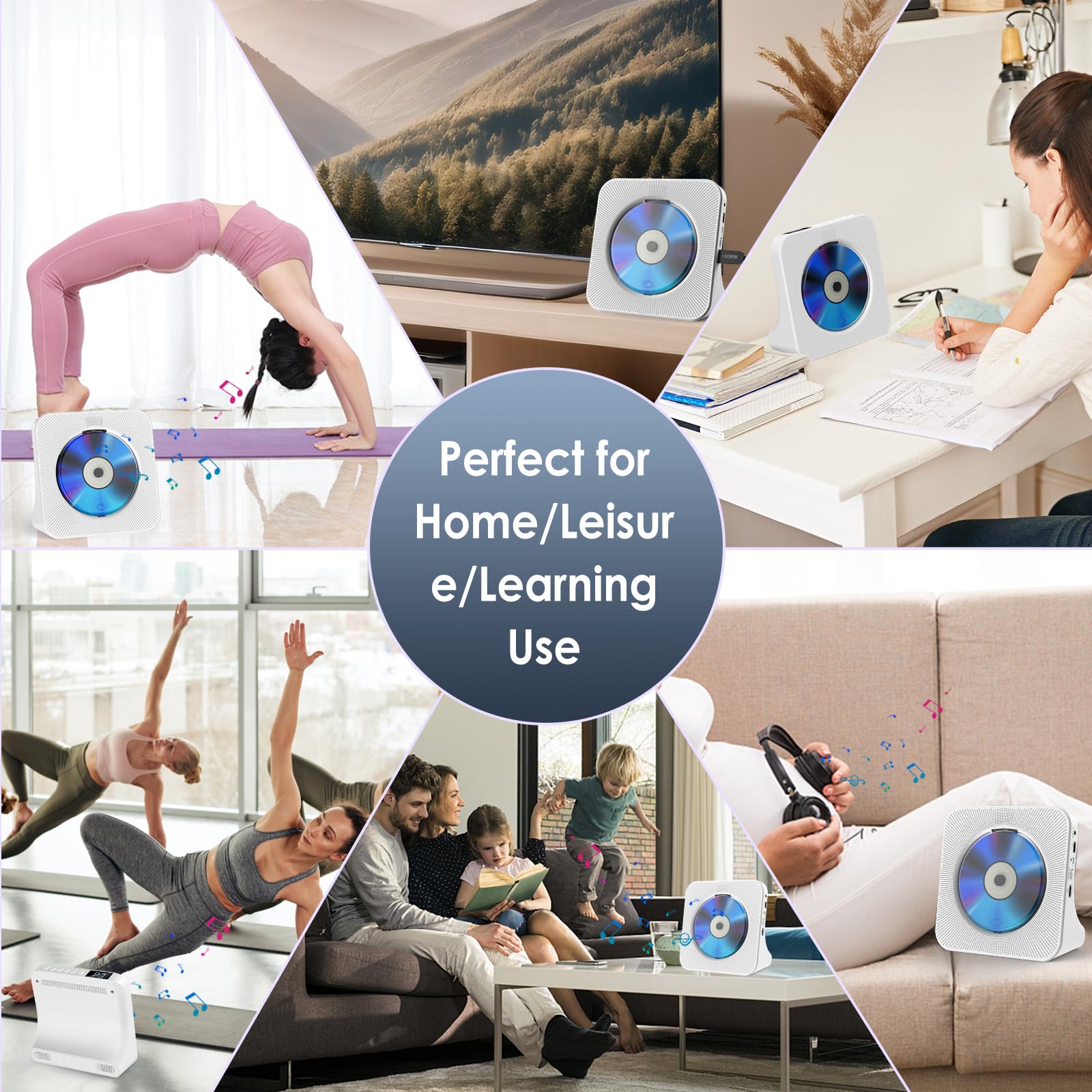Gueray Lettore DVD per TV Lettore DVD/CD da Tavolo per la Casa con Altoparlanti Bluetooth Display Sveglia Radio FM con Lettore CD Riproduzione di Schede USB Include Telecomando HDMI Cavo(Bianco)