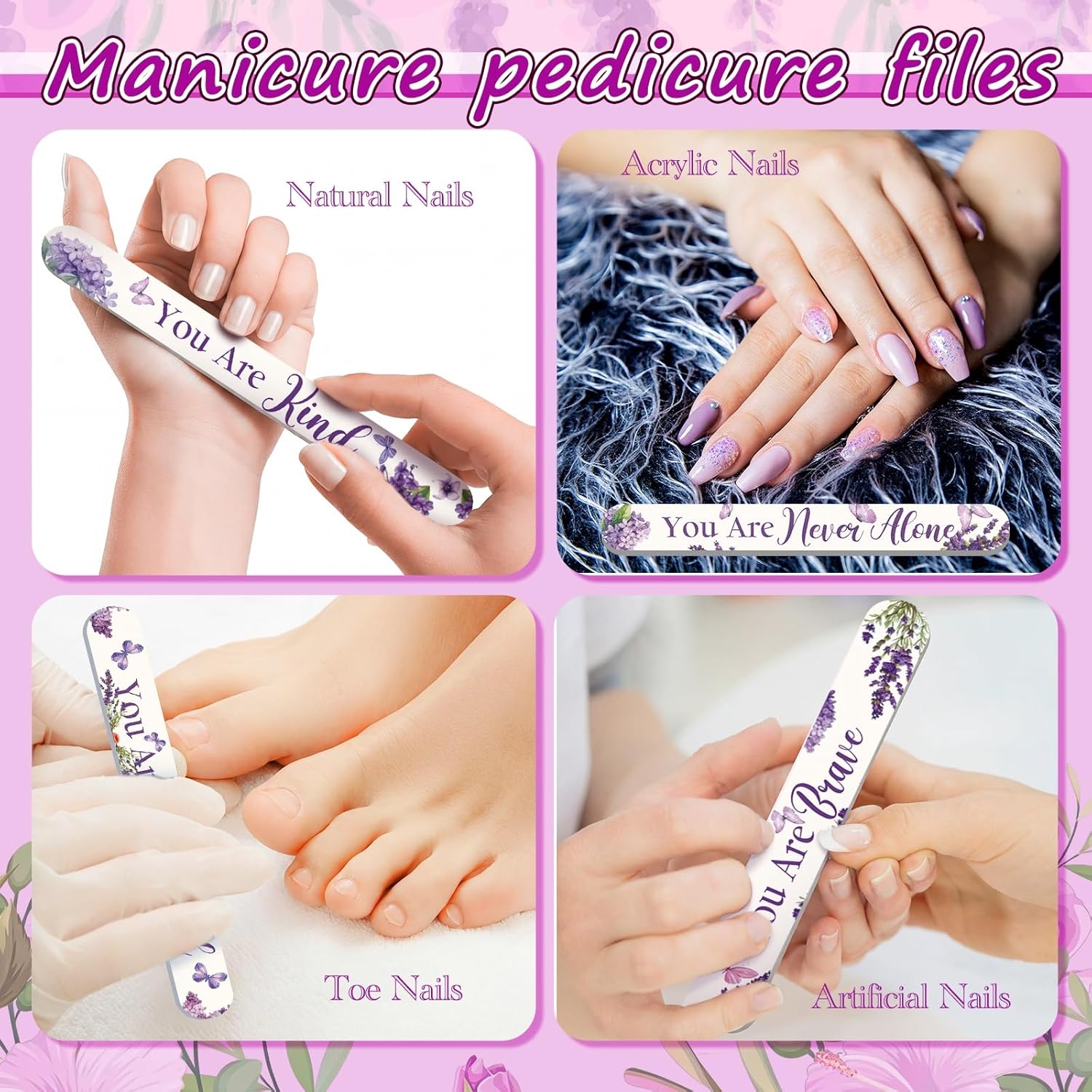 Therwen 50 Pcs Mothers Day Gifts Bulk Floral Christian Nail File Small Mom Women Church Gift Bulk Double Sided Emery Board Nail File Tool for Mother's Supply(Purple Flowers Inspirational)