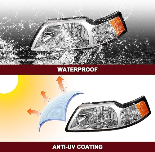 Miniatura 7 de JSBOYAT Repuesto de montaje de faros delanteros para Ford Mustang 1999-2004 con carcasa cromadanegra - lado del pasajero y del conductor, Cromado