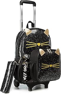 Meetbelify Girls Cute Cat Rolling Backpack with Wheels Kids Luggage for Elementary Kindergarten Suitcase Trip Laptop Roller Backpack for Girls