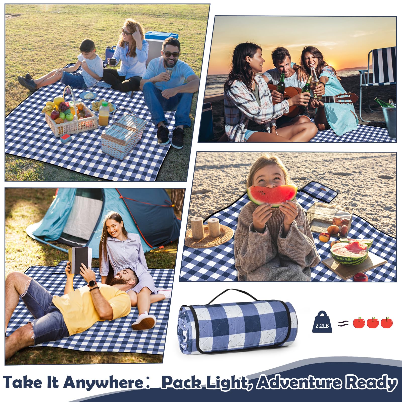 Couverture de Pique Nique, 200 x 200cm Tapis de Plage Anti Sable et Lavable, Natte de Plage Imperméable pour Camping en Plein Air, Bleu