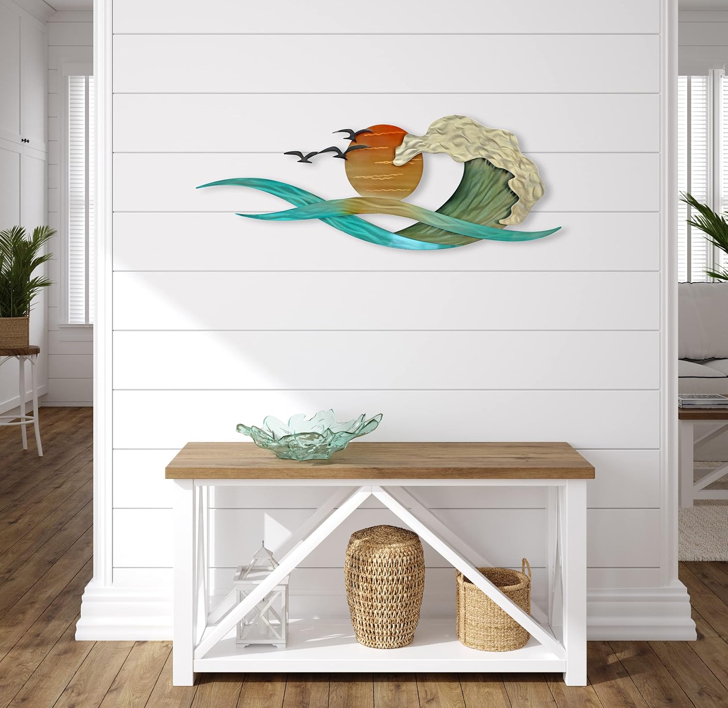 T.I. Design Waves and Blazing Sun | Contemporary Coastal Beach Ocean Stainless Steel Metal Wall Décor