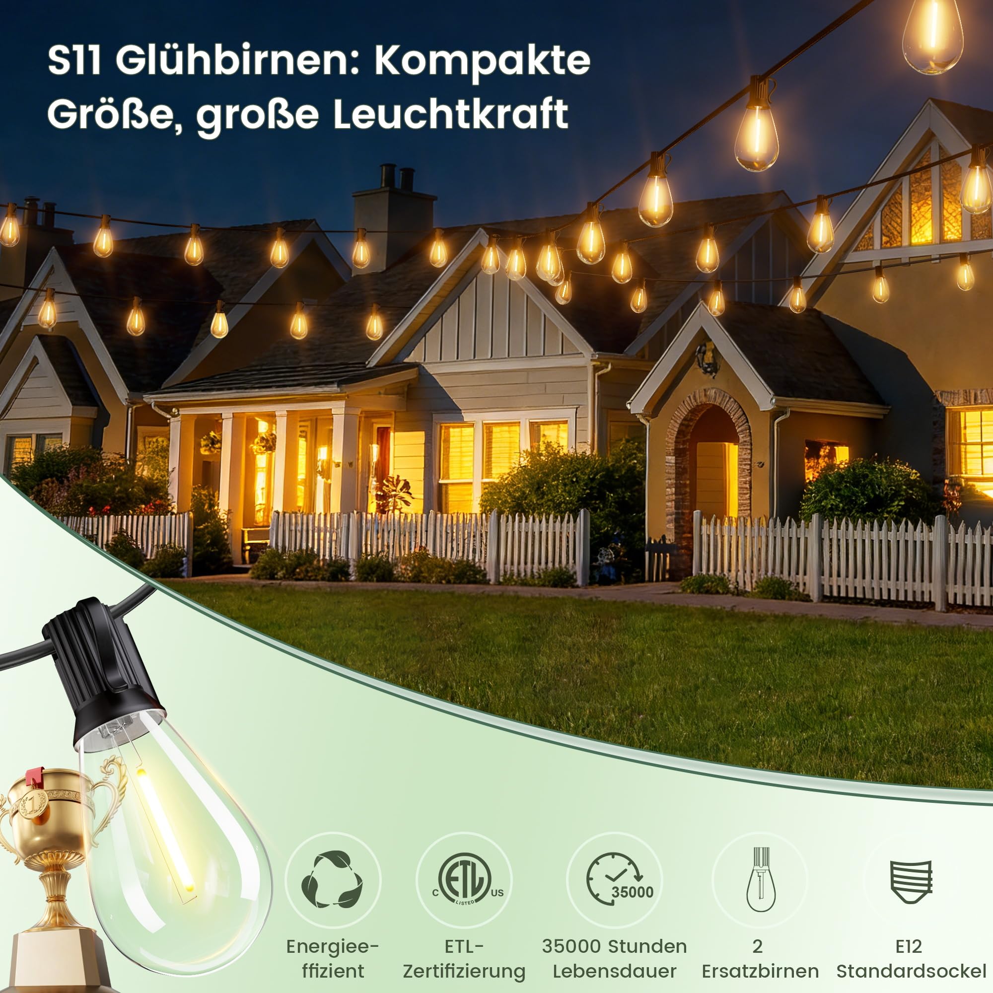 OHLUX 45m Solar-Lichterkette für den Außenbereich mit Fernbedienung, USB, Timer, 62 bruchsicheren LEDs, 2200K warmweiß, dimmbar, IP65 wasserdicht für Terrasse, Garten, Party, Hochzeit