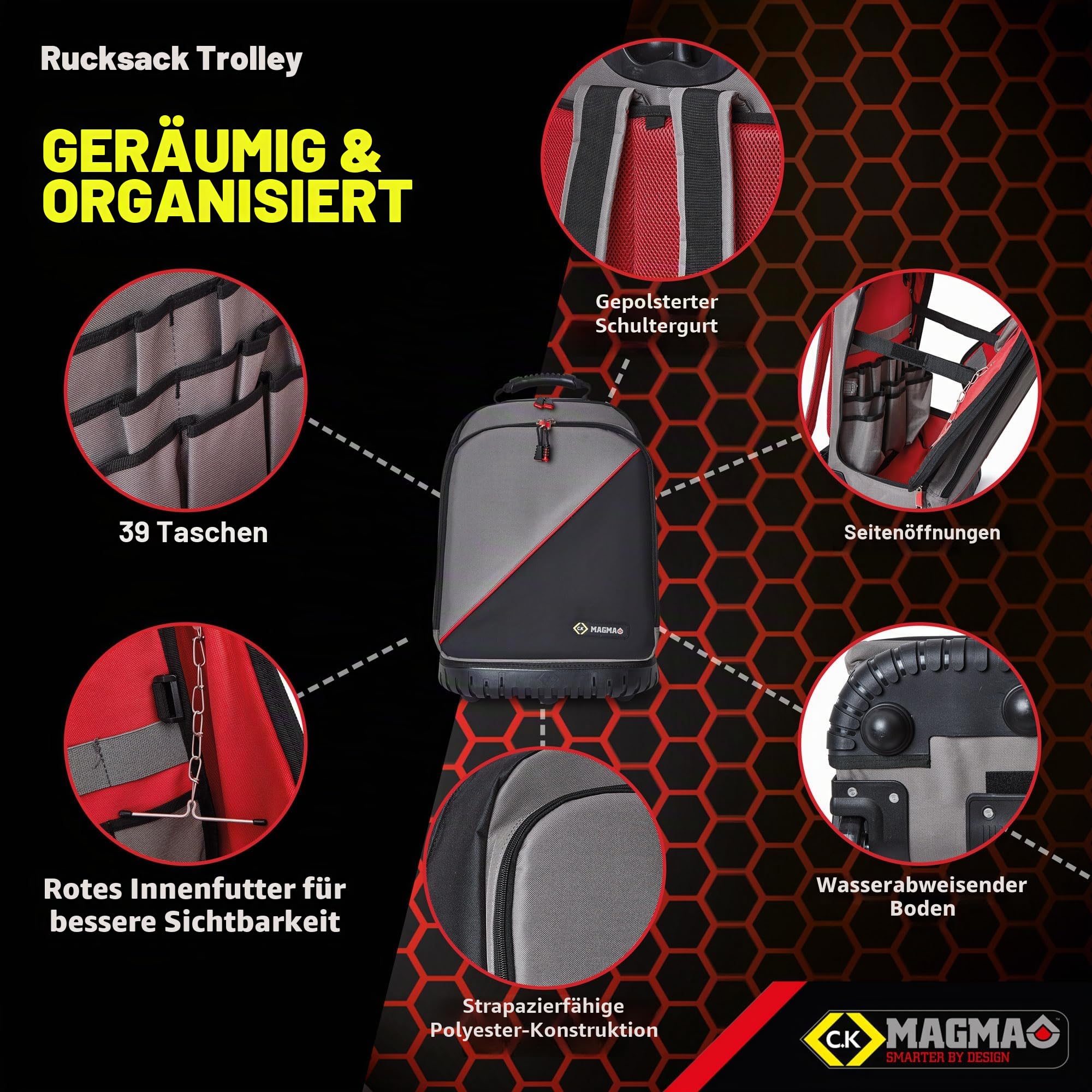C.K Magma Werkzeugrucksack leer mit Rollen, Elektriker Werkzeugkoffer, Rucksack Plus, Werkzeug Trolley, Techniker Arbeitsrucksack, Werkstattwagen, Werkzeugtasche, Werkzeugkiste, Werkzeugtrolley MA2654