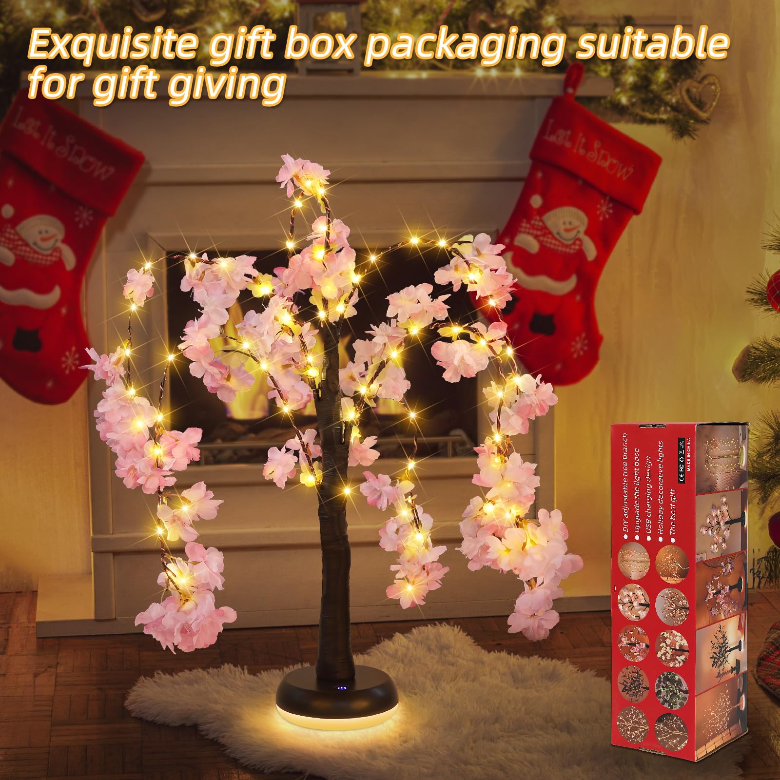 GOESWELL - Lampada da tavolo a forma di albero artificiale, 60 cm, albero con fiori di ciliegio rosa-1