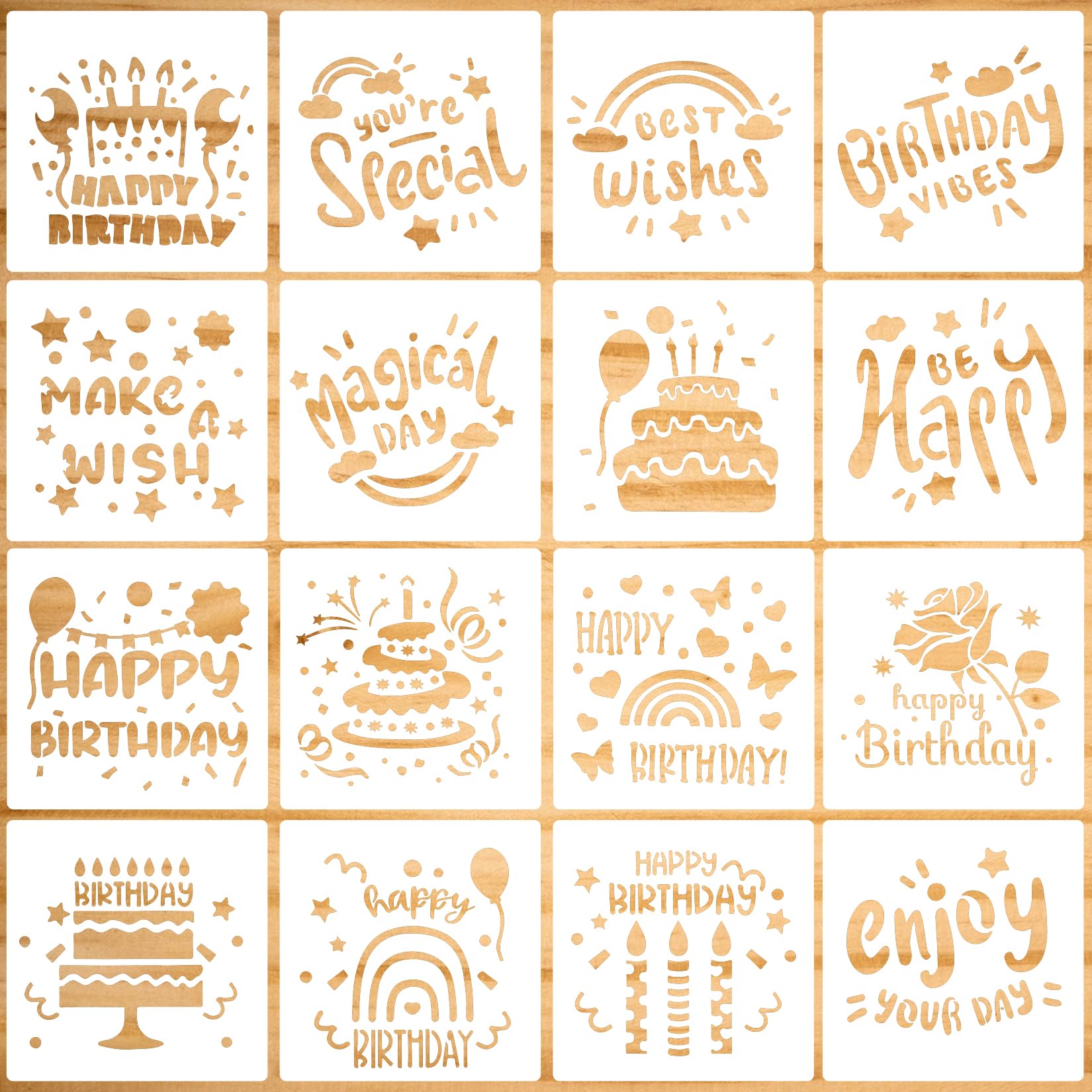 16 PCS Happy Birthday Cake Stencil, 7.9 x 7.9 inches Birthday Cookie Templates Reusable Drawing Painting Stencil for Cakes, Card, Cookies, Baking, Party Templates Decor