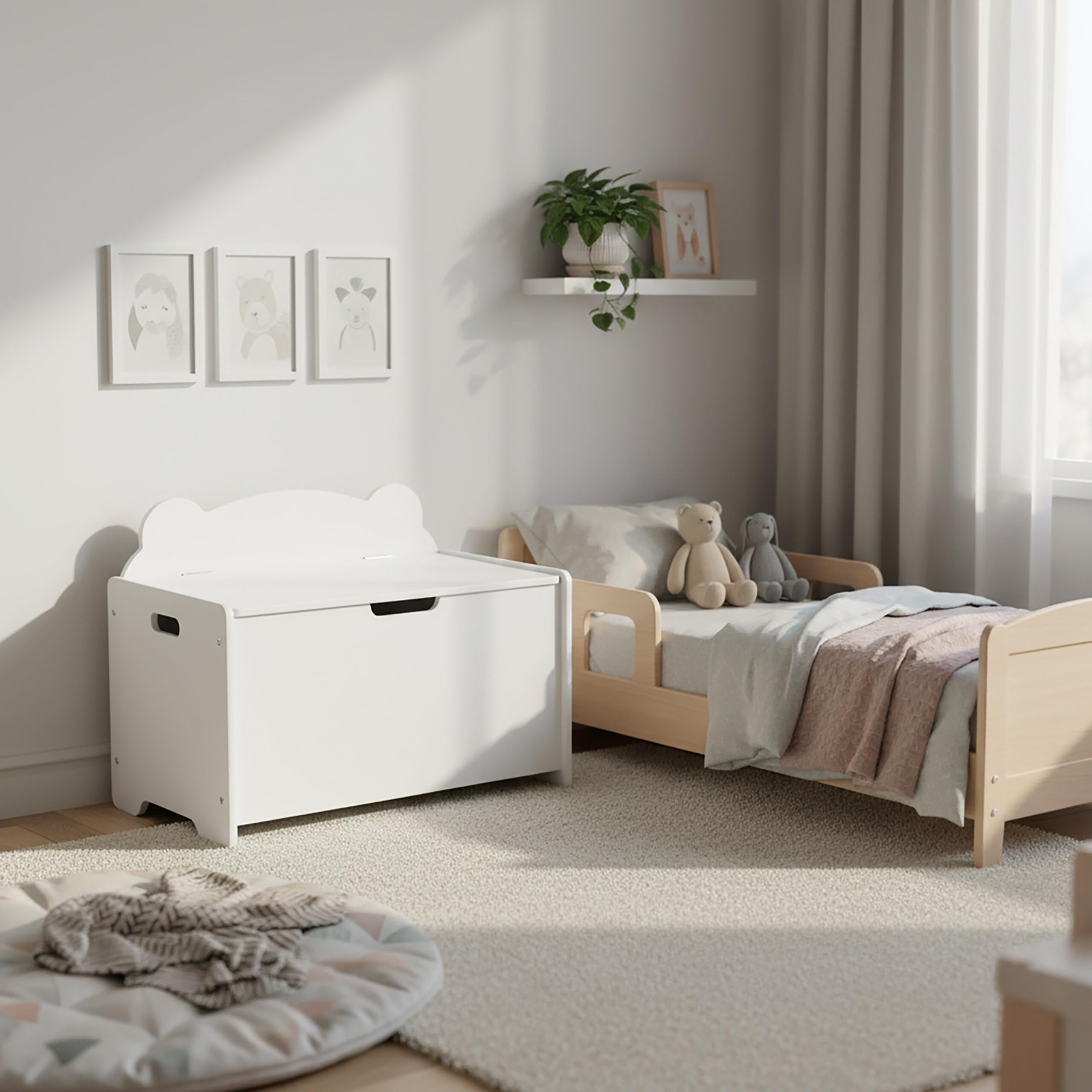 Relaxdays Cofre para Juguetes con Silueta de Oso, Tapa, MDF, 48x60x38 cm, habitación Infantil, Blanco