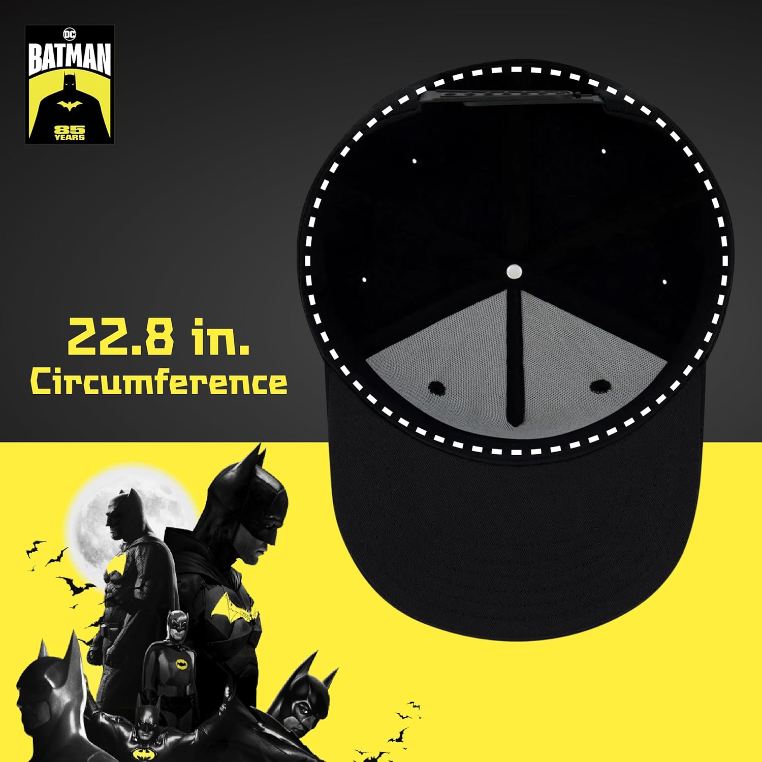 DC Comics Batman Baseball Cap, Adult Polyester Adjustable Snapback Hat with Flat Brim for Men and Women, Black, One Size