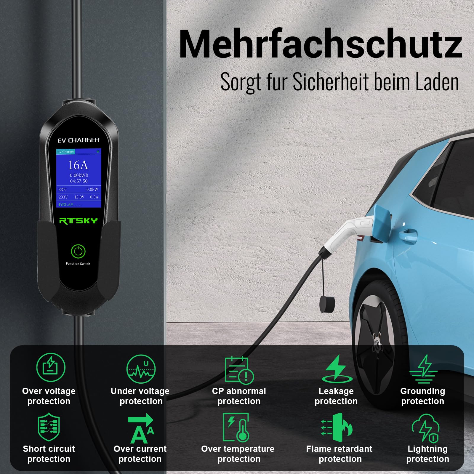 3,68kW Typ 2 Ladekabel Schuko 5M, 1-phasig 8-16A Einstellbar mit LCD Digitalanzeige, Tragbares Elektroauto Ladegerät für Tesla, ID.3, ID.4, BMW, Audi, Hyundai und andere PHEV/EV