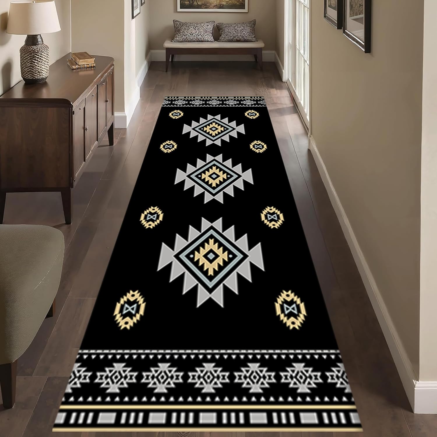 Aztec Mexican Runner Rug, 2x6ft, Rustic Southwest Native American Distressed Classic Multicolor Pattern Design Collection Area Rug, Fade Resistant Rugs for Kitchen Farmhouse