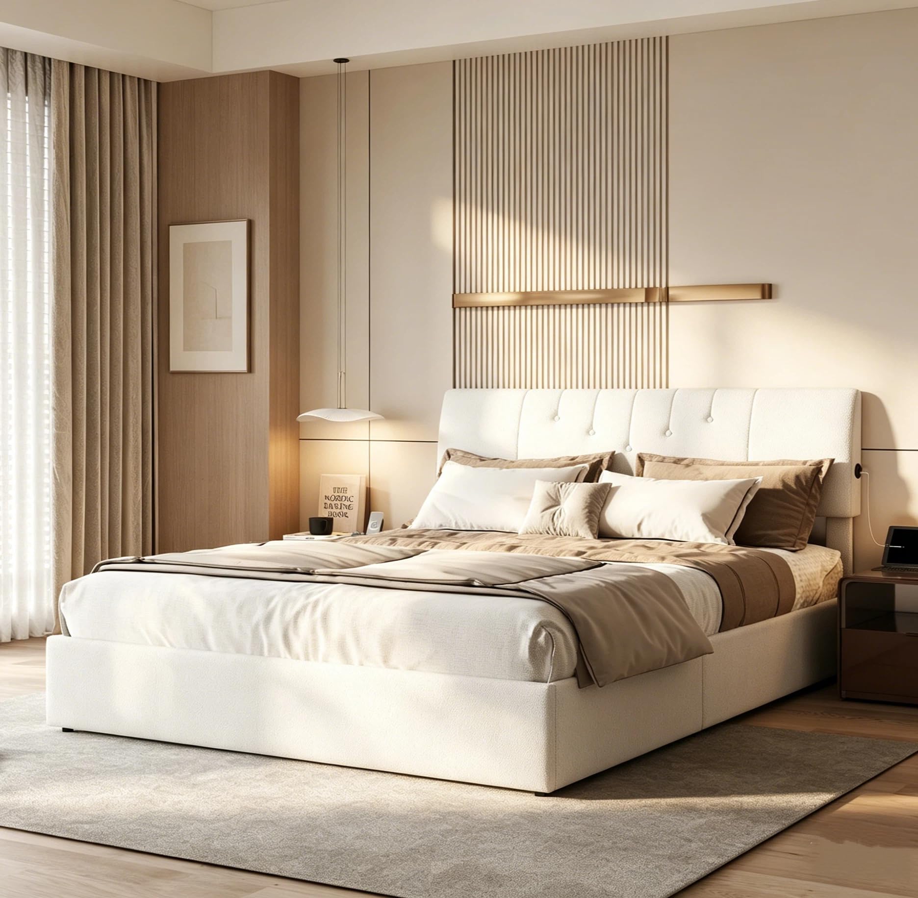 BRILVERDE Letto matrimoniale 140 x 190 con vano portaoggetti con USB, letto cassettiera con rete a doghe e testiera imbottita, per adulti e adolescenti, in pile Teddy (beige, 140 x 190 cm)