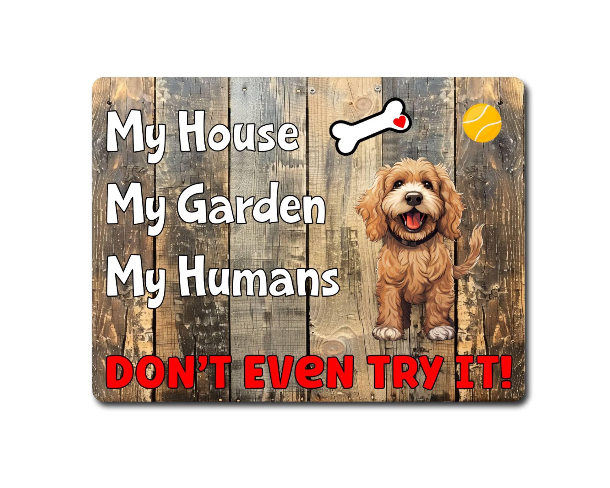 Decalarama Cockapoo Metal Sign – My House Don't Even Try It! - BROWN Novelty Dog