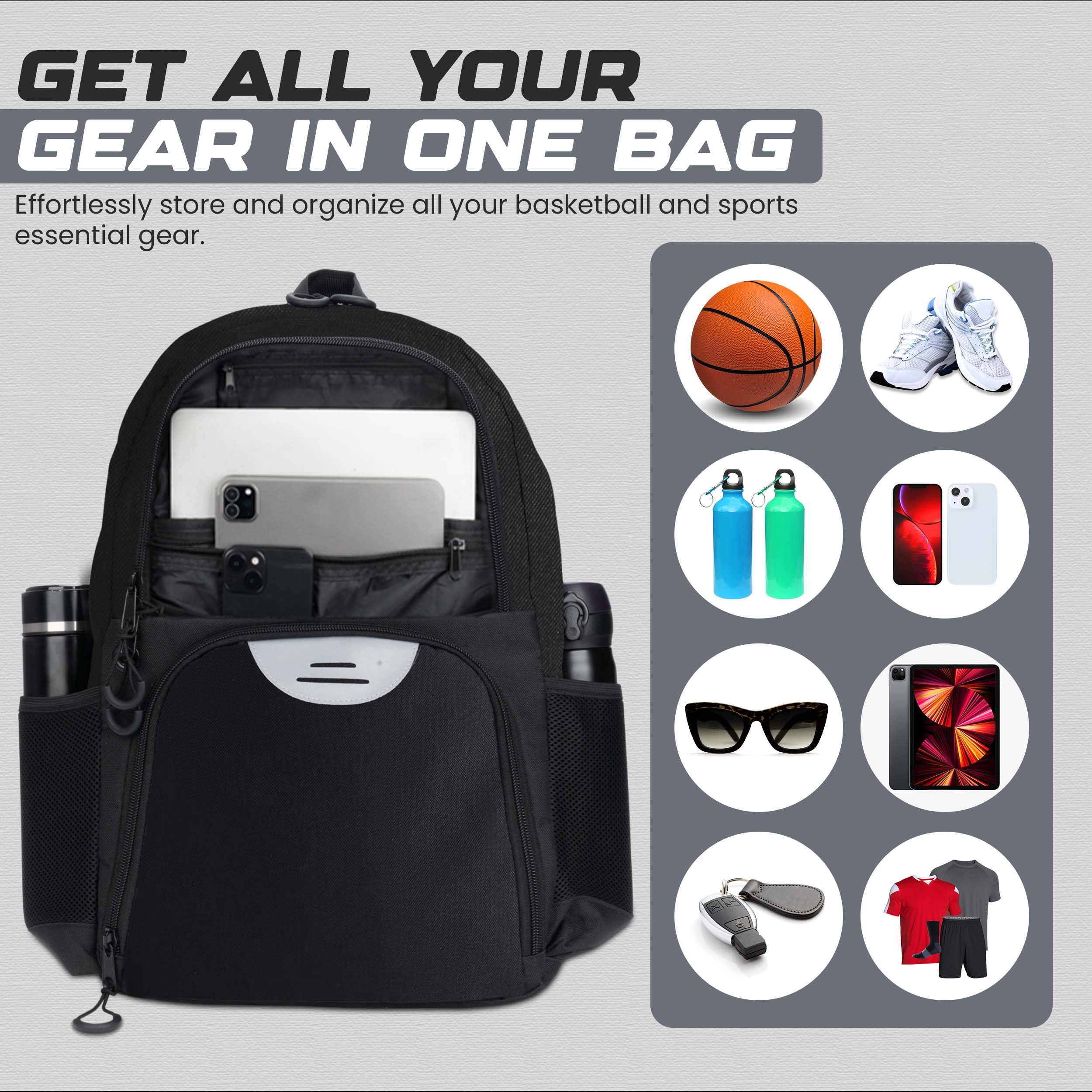 Mochila multideportiva de fútbol y baloncesto, compartimento separado para pelota/zapatos, gran capacidad, ideal para baloncesto, fútbol, voleibol (negro)