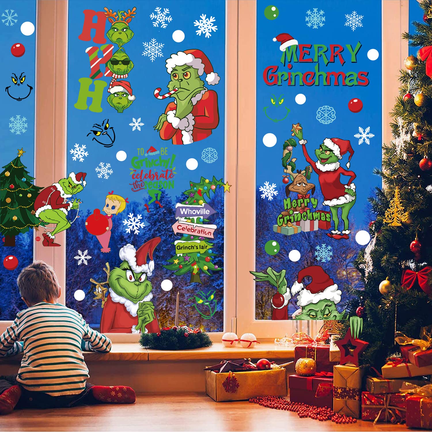 Christmas Window Clings 9 Sheets Christmas Decorations Grinch Window Stickers Double Sided Reindeer Snowflakes Christmas Window Decals Deign for Christmas Holiday New Year Home School Party Supplies
