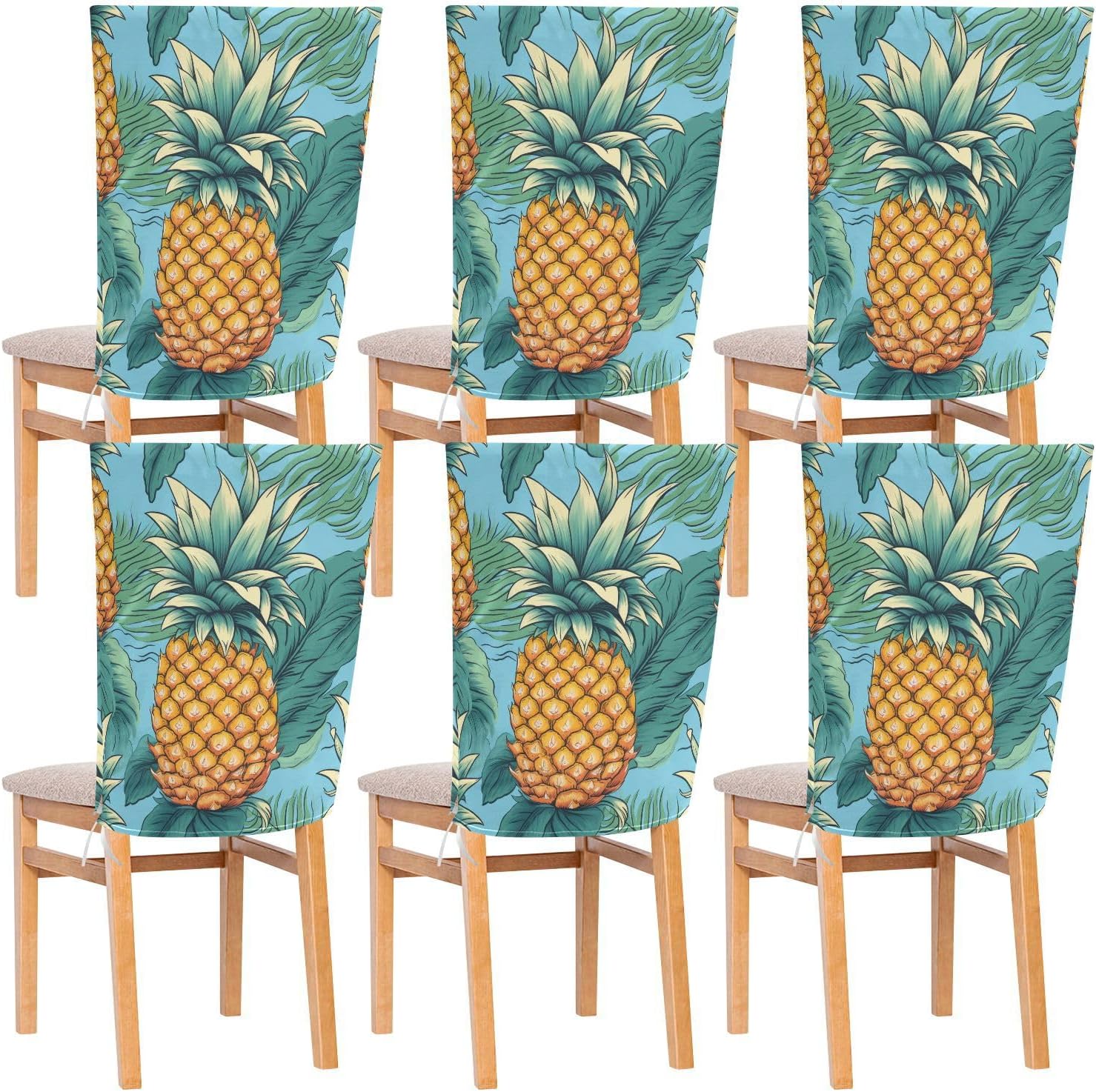 ALAZA Pineapples Green Leaves Chair Back Cover Set of 6, Washable Reusable Removable Chair Slipcovers Decorative Chair Cover for Home Kitchen Wedding Party