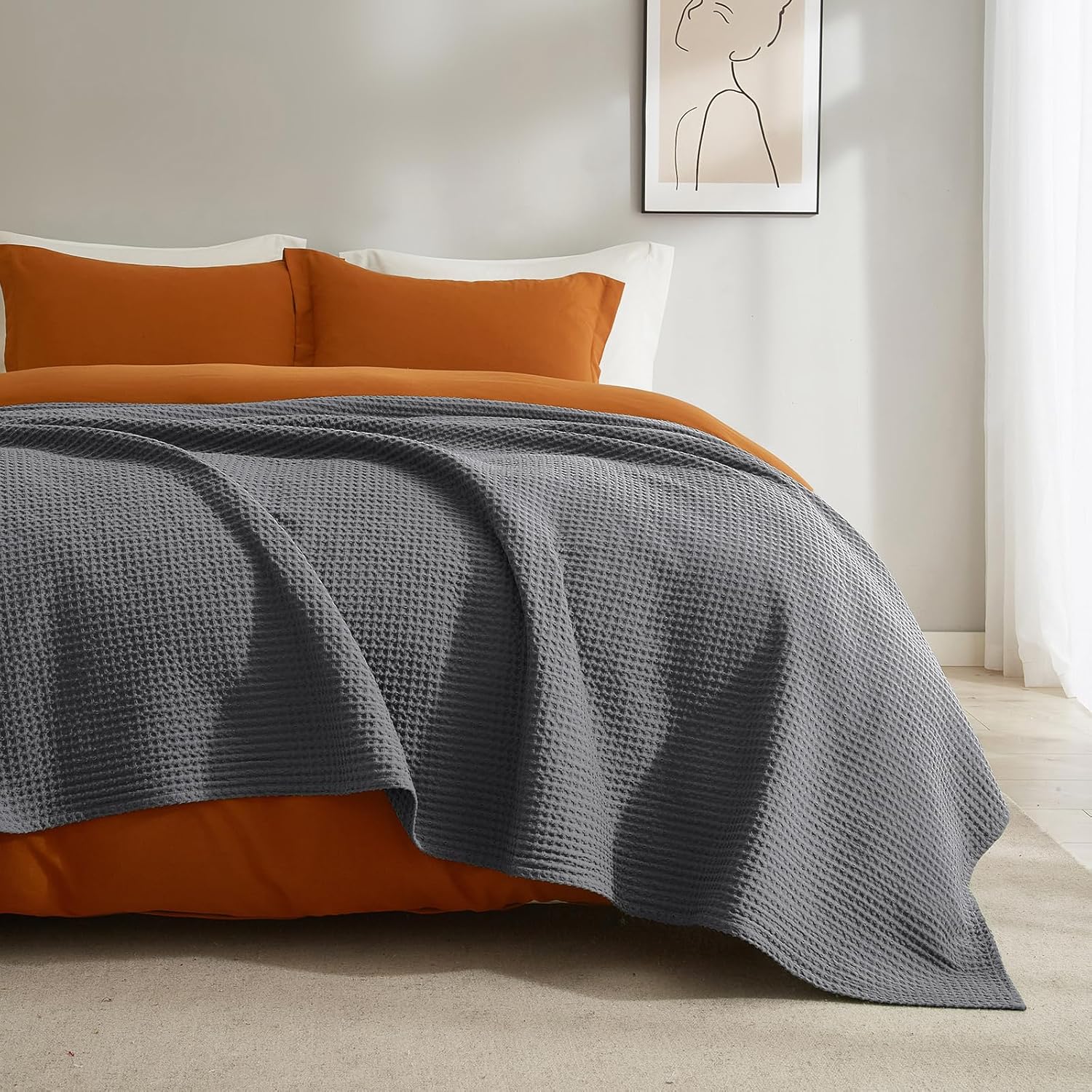 PHF 100% Cotton Waffle Weave Blanket King Size for Bed,Snag Proof Lightweight Breathable Moisture-Wicking Throw for Couch,Great for Layering in Cold Weather,Machine Washable,Home Decor Gift-Charcoal - Image 9