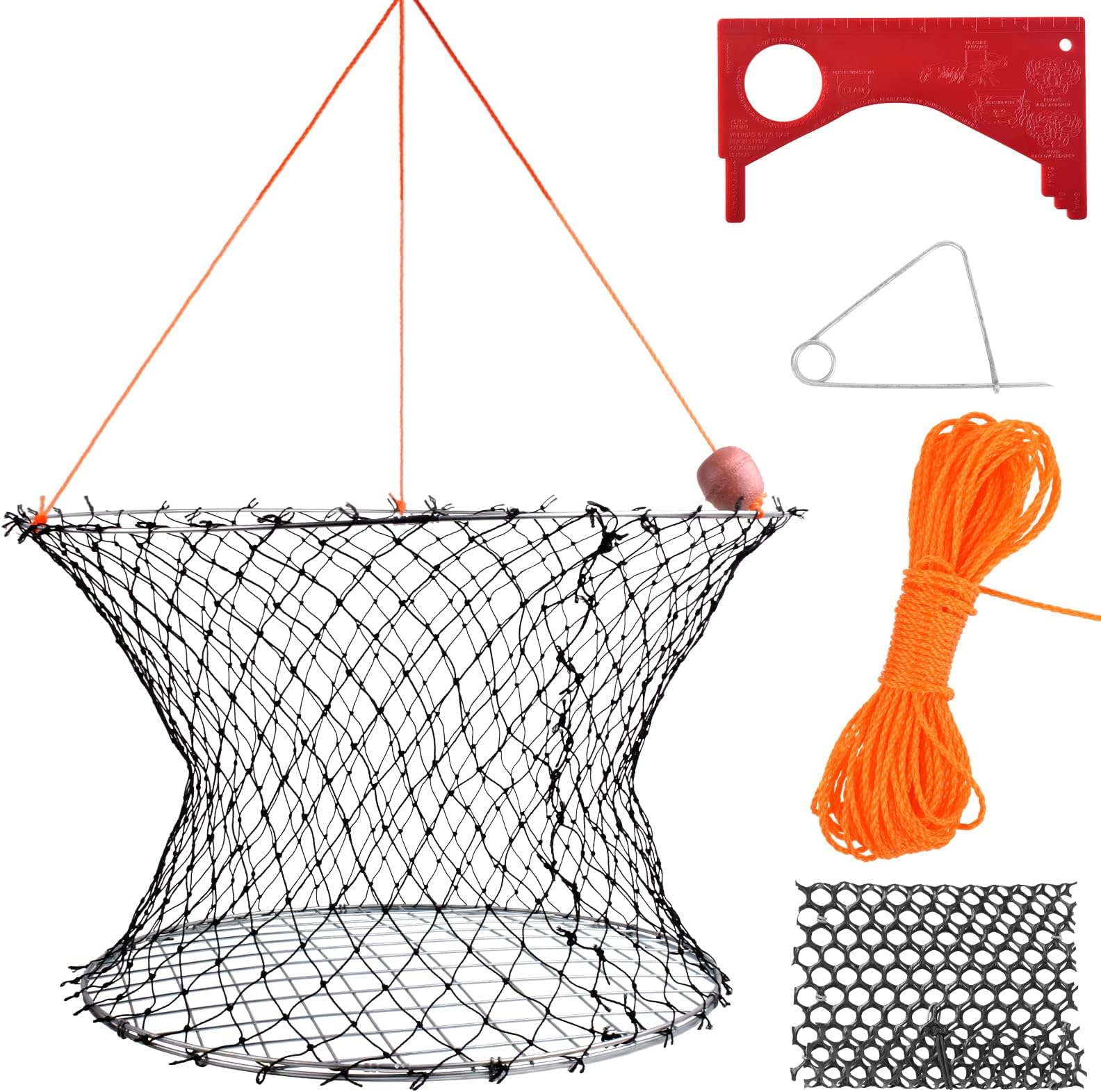 Double Ring Crab Trap - Steel Ring Crab Net, 24" Top, 20" Bottom, 50' Rope, Bait Bag, Clip, Gauge for Dungeness, Rock and Blue Crab