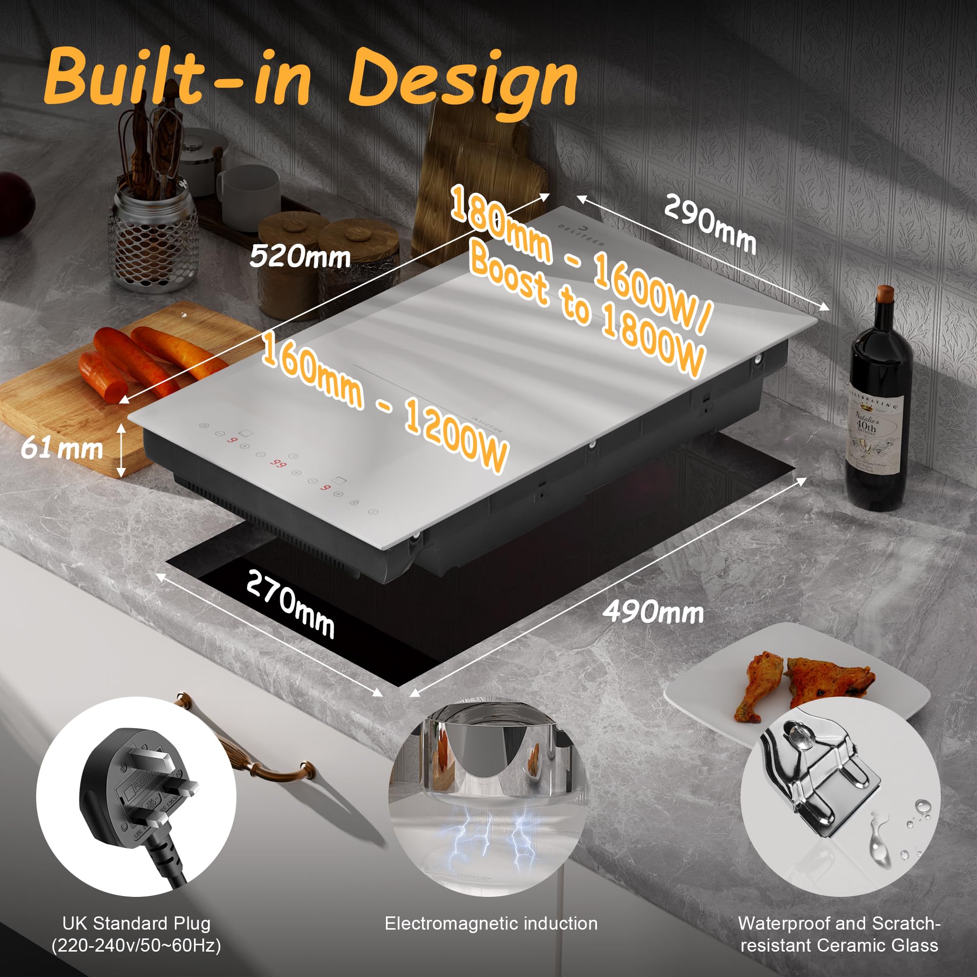 Plug-in Induction Hob White, Double Electric Induction Hob Built-in 30CM, Electric Cooktop 2 Ring, 2800W, 9 Power Levels, Safety Lock, Timer, Individual Touch Control, 230V — view 7