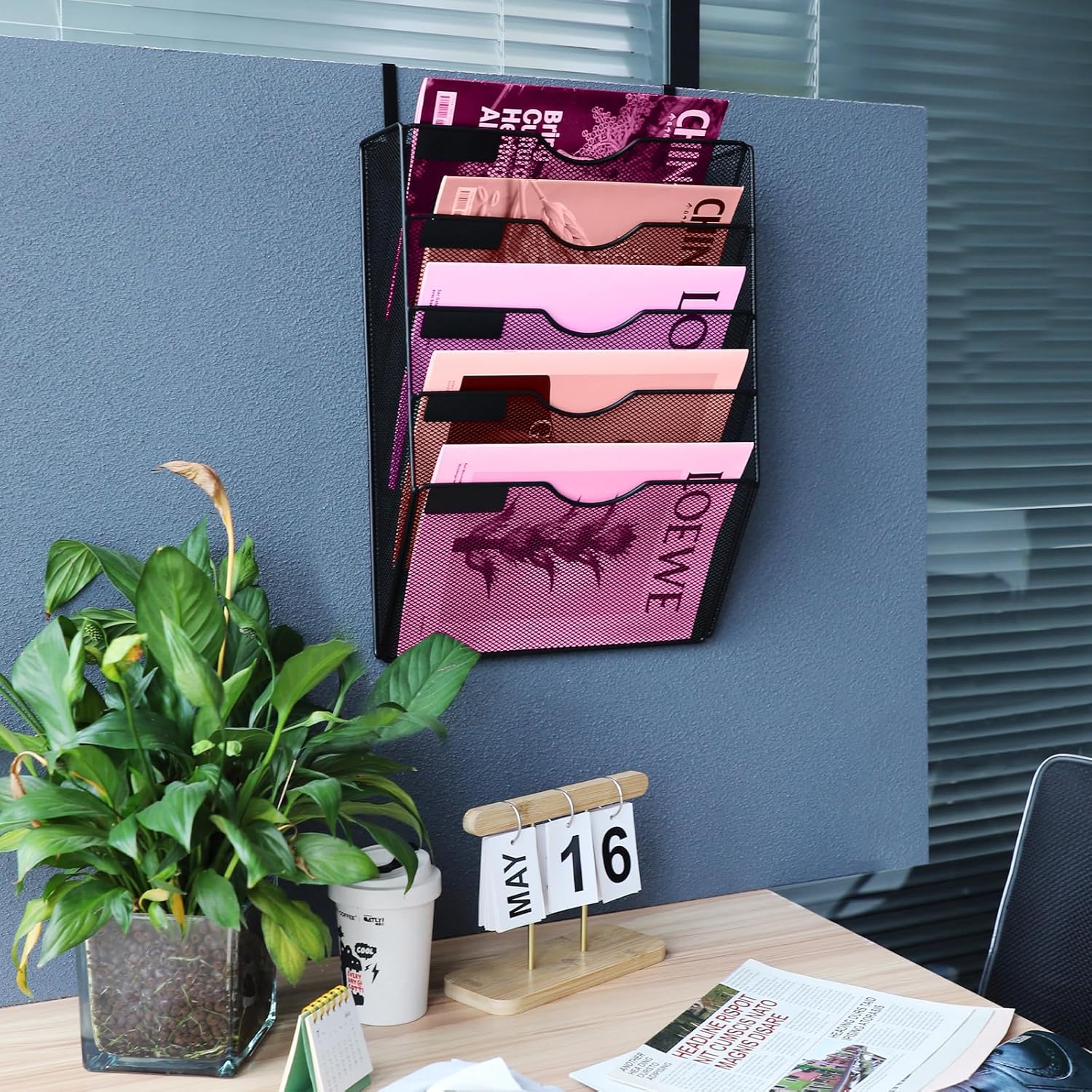 5 Pockets Mesh Wall File Holder Organizer Office Hanging File Folder Magazine Rack, Nametag Label Hooks Set Included (Black)