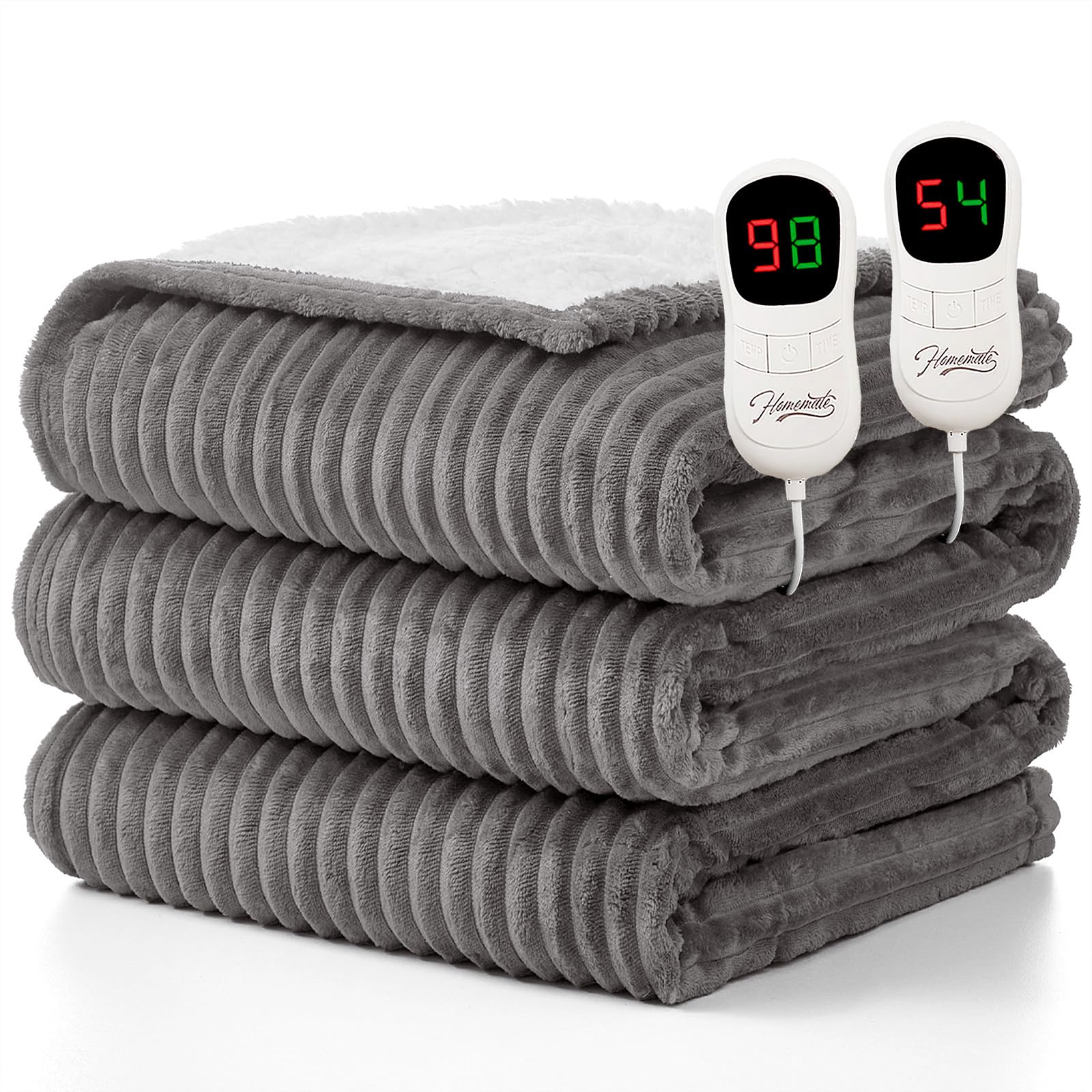 Homemate Electric Heated Blanket King Size - 100"x90" Heating Blanket King Size Dual Control 1/2/4/6/8 Hours Auto-Off 10 Heat Level Over-Heat Protection Soft Flannel Sherpa ETL Certification Light Grey (Striped) 100 Inch x 90 Inch