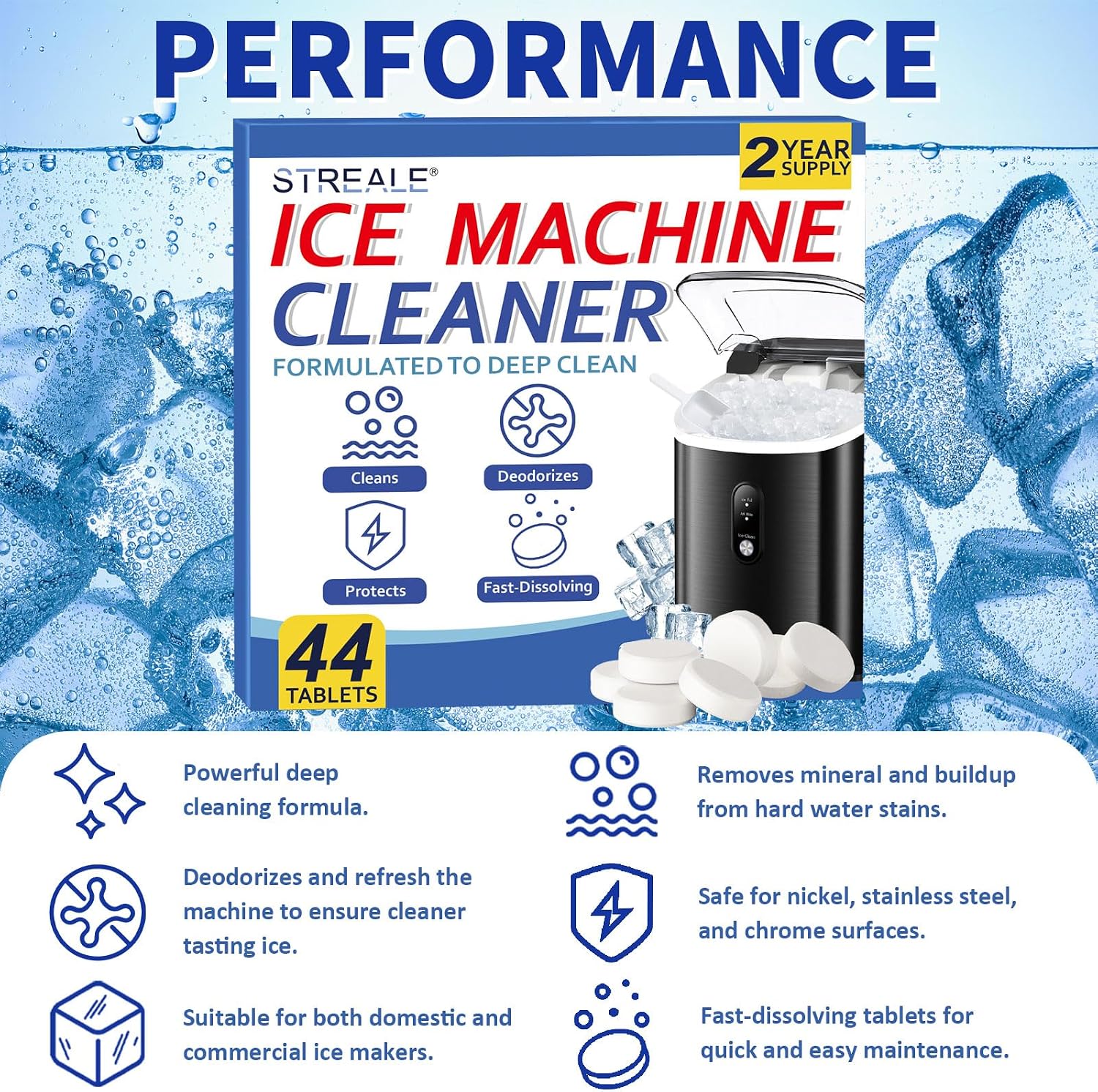 Ice Machine Cleaner Maker and Descaler -44 Ice Maker Cleaner Tablets Compatible with All Major Brands, Nickel Safe Descaler Countertop Portable Commercial Icemaker Cleaning Solution image 5