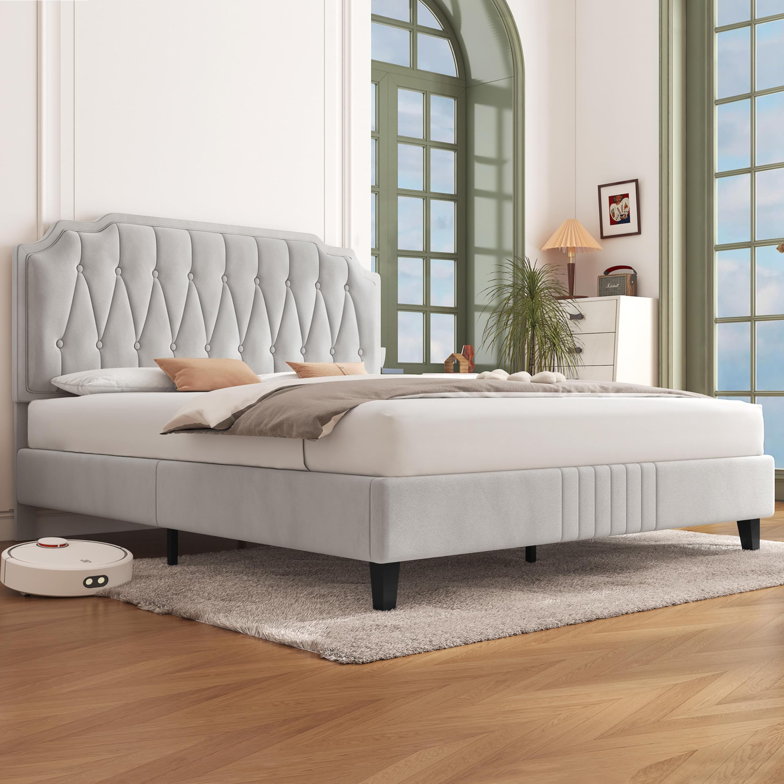 Yaheetech Polsterbett Doppelbett 160 x 200 cm Stoffbett Bettgestell Gepolstertes Bett mit höhenverstellbarem Kopfteil Bettrahmen mit Lattenrost, Beige | Modernes und elegantes Bett mit Lattenrost, robuste Struktur, weiche Oberfläche, 160 x 200 cm, Beige