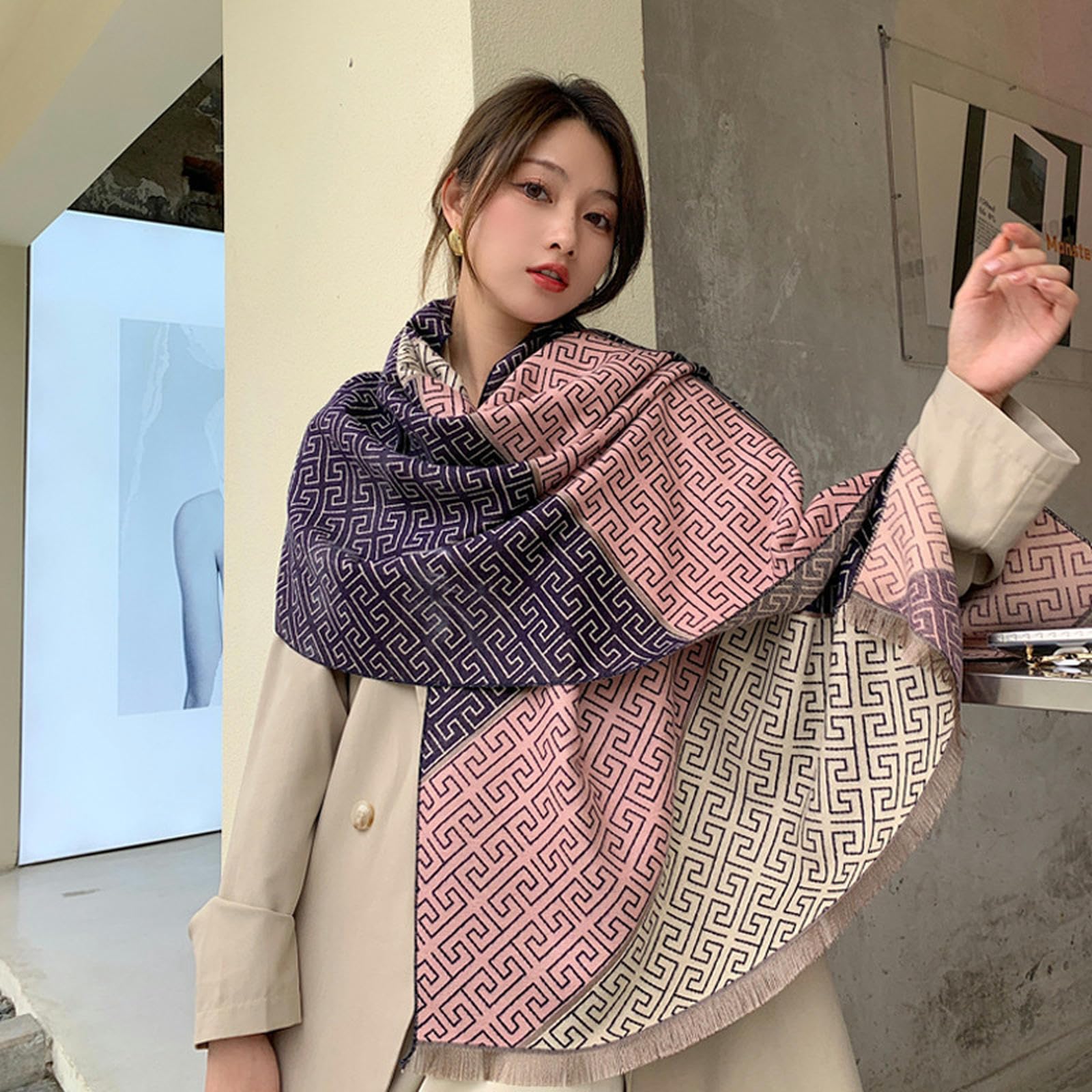 Sciarpa Donna Sciarpa Femminile Imitazione Cashmere Neck Scarf Autumn E Inverno A Forma di Sciallo Lungo A Forma di Scialpa A Doppia Faccia-Arancia Nera