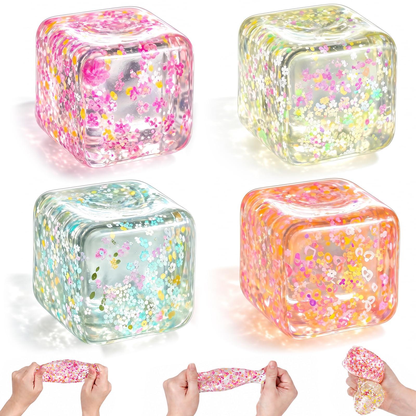 4 Pcs Ice Cube Glitter Squishy Fidget Toys, Cube Squishy Squeeze