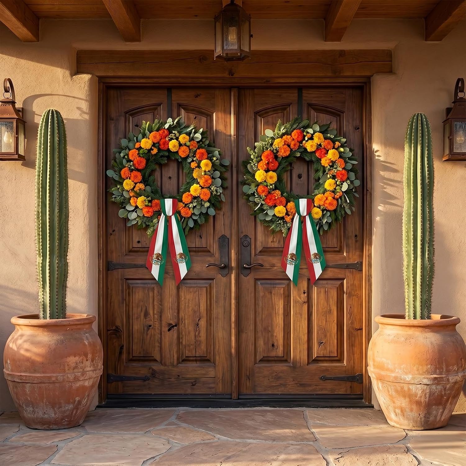 2 Pieces Mexican Festival Wreath Sash for Front Door, Green Red White Stripes Wreath Sash Accessories for Home Mexico Decorations