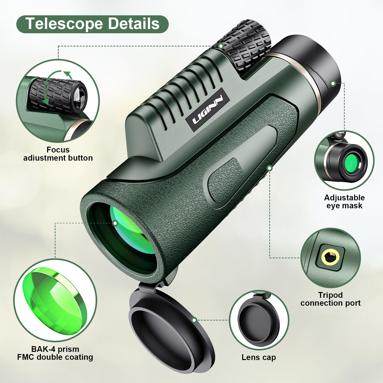 Telescopio Monocular, 12 x 50 HD Monocular para Movil, Monoculars,FMC BAK4 Prisma Monoculars, para observación Caza y Camping (Verde)