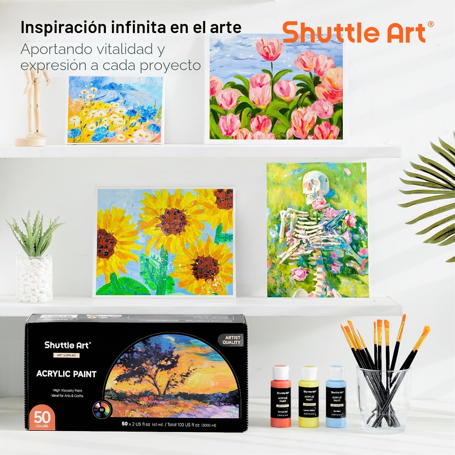 Shuttle Art 62PCS Pintura Acrílica, 50 Colores Acrílico (60 ml) con 12 Pinceles, Ricamente Pigmentado, Pintura para Tela Lienzo Piedra Madera, Acrilicos para Pintar para Artistas, Principiantes