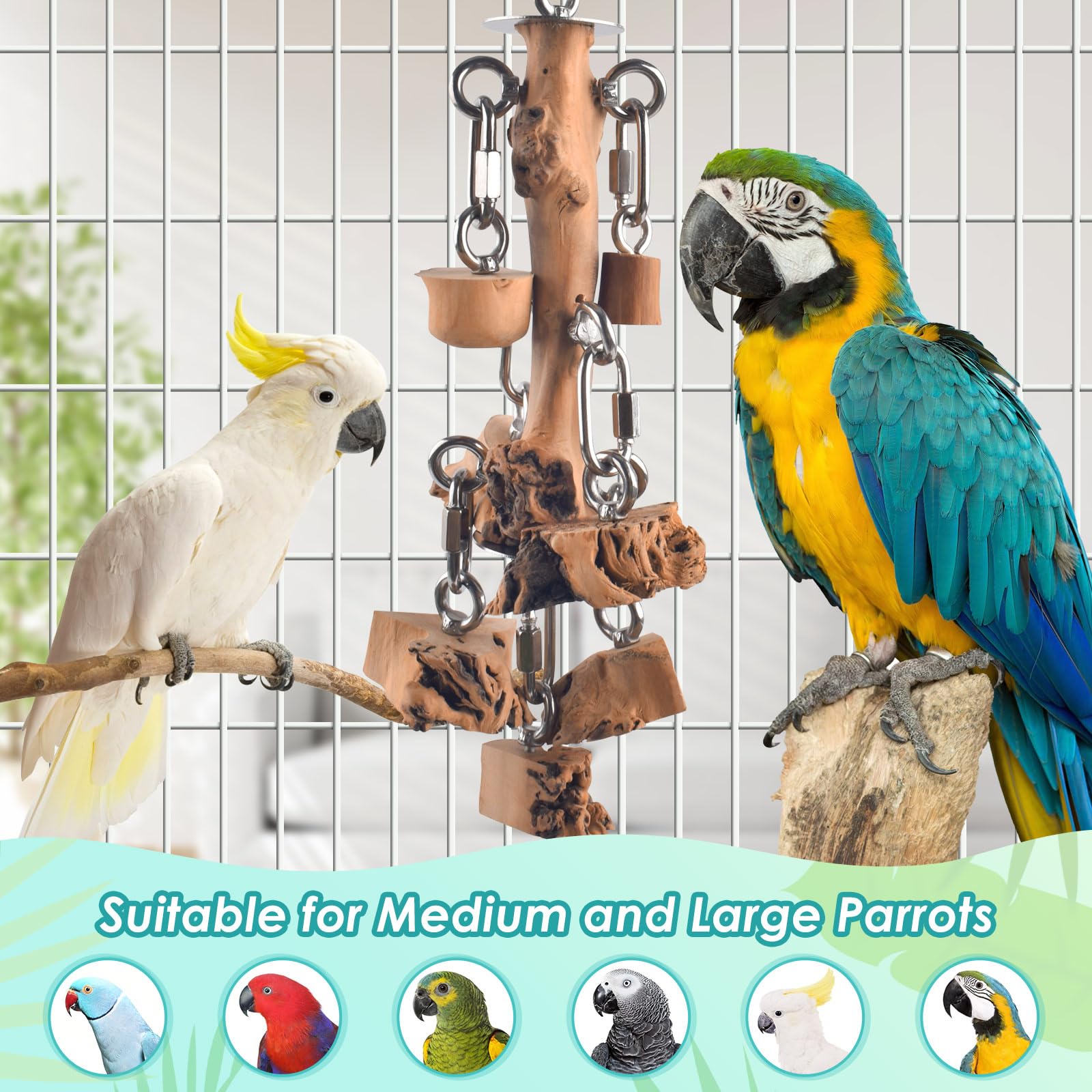 Bird Toys for Parrot, Durable Stainless Steel Large Birds Chew Toy, Hanging Detachable Natural Hardwood Blocks for Medim to Large Eclectus, African Greys, Amazon Parrot, Cockatoo - image 7