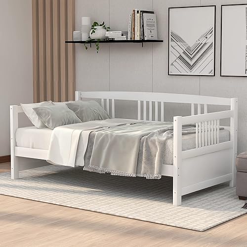 Miniatura 3 de Merax Sofá cama individual con listones de madera, soporte moderno sofá cama con rieles, tamaño individual, blanco marfil Marfil blanco,Espresso