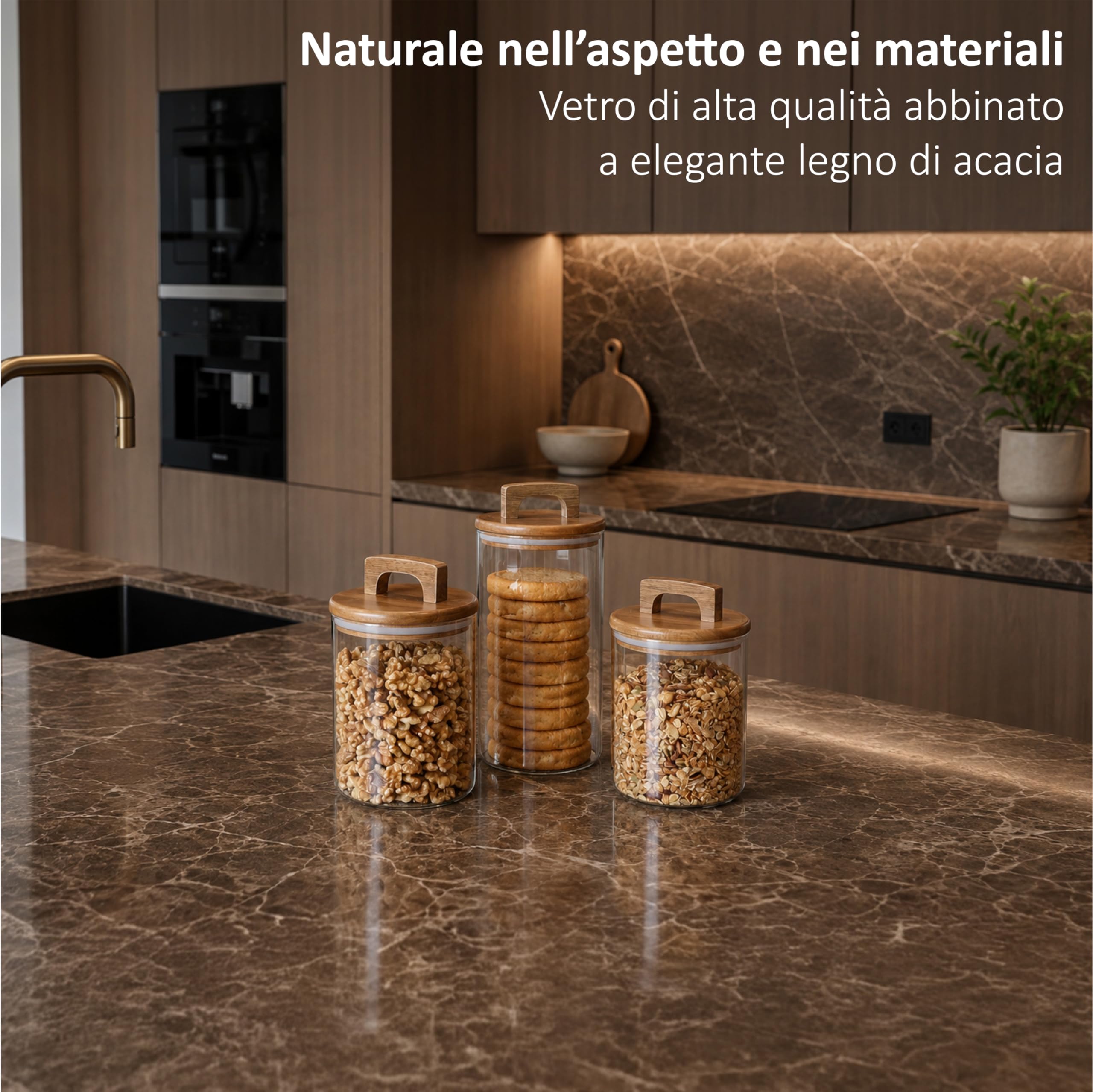 Barattoli vetro con coperchio in acacia – Set da 4 contenitori ermetici per alimenti 1000 ml & 1600 ml – Barattoli cucina per pasta, caffè, riso e dispensa cucina